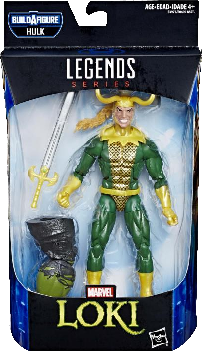 漫威傳奇系列洛基動作人偶包裝 壁紙 — 一個 Marvel Legends 洛基可動人偶，身穿綠色和金色盔甲，附有劍和靴子配件，包裝在藍色和黑色的包裝盒內。