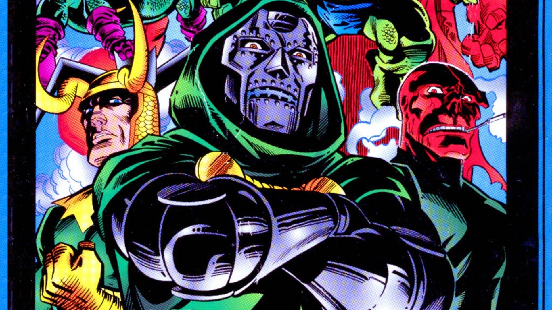 漫威反派與 doom 公爵 壁紙 — 漫畫書面板， featuring Doctor Doom 穿著綠色斗篷和金屬盔甲，背景有 Loki 和 Red Skull。