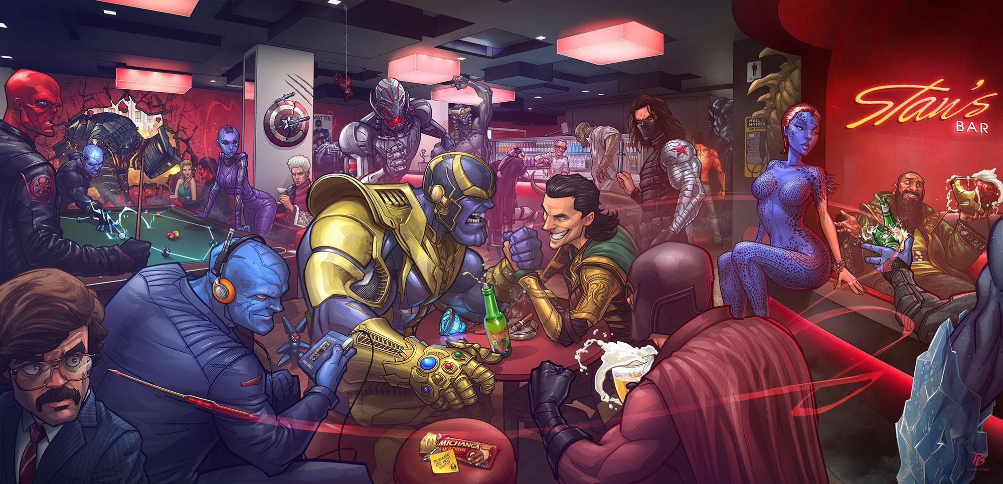 漫威反派齊聚斯坦酒吧 壁紙 — Marvel 超級英雄與反派聚集在霓虹燈酒吧，度過一個混亂的社交之夜，有桌球枱和飲料。