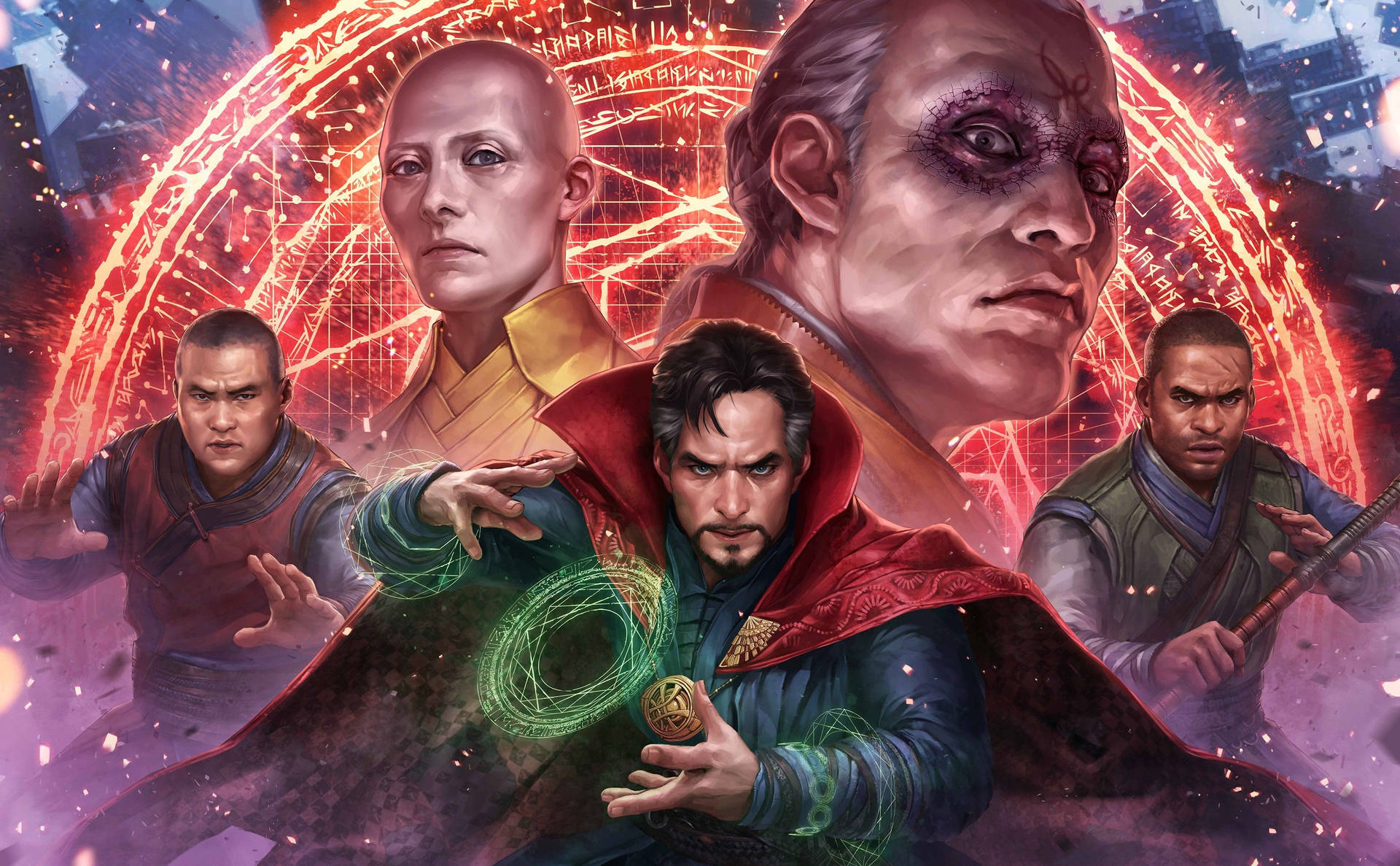 五位奇幻英雄通過發光的能量和身後的熾熱拱門引導魔法。