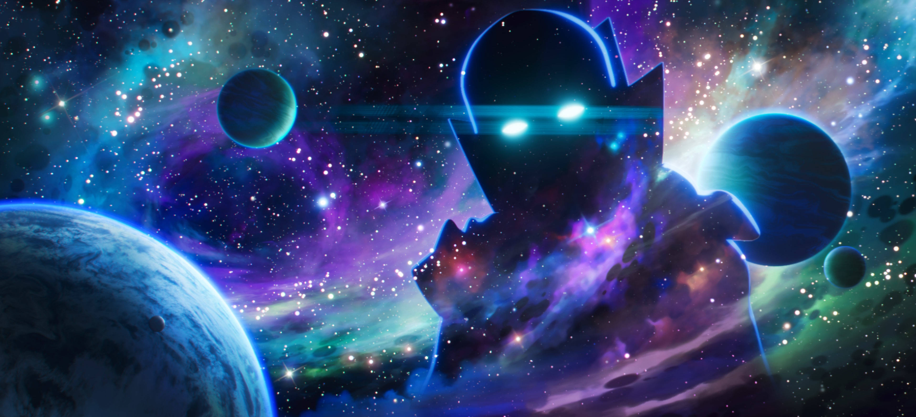 漫威多元宇宙的觀察者 壁紙 — 一個發光的外星人剪影，站在充滿活力的宇宙背景前，背景是旋轉的星雲和遙遠的行星。