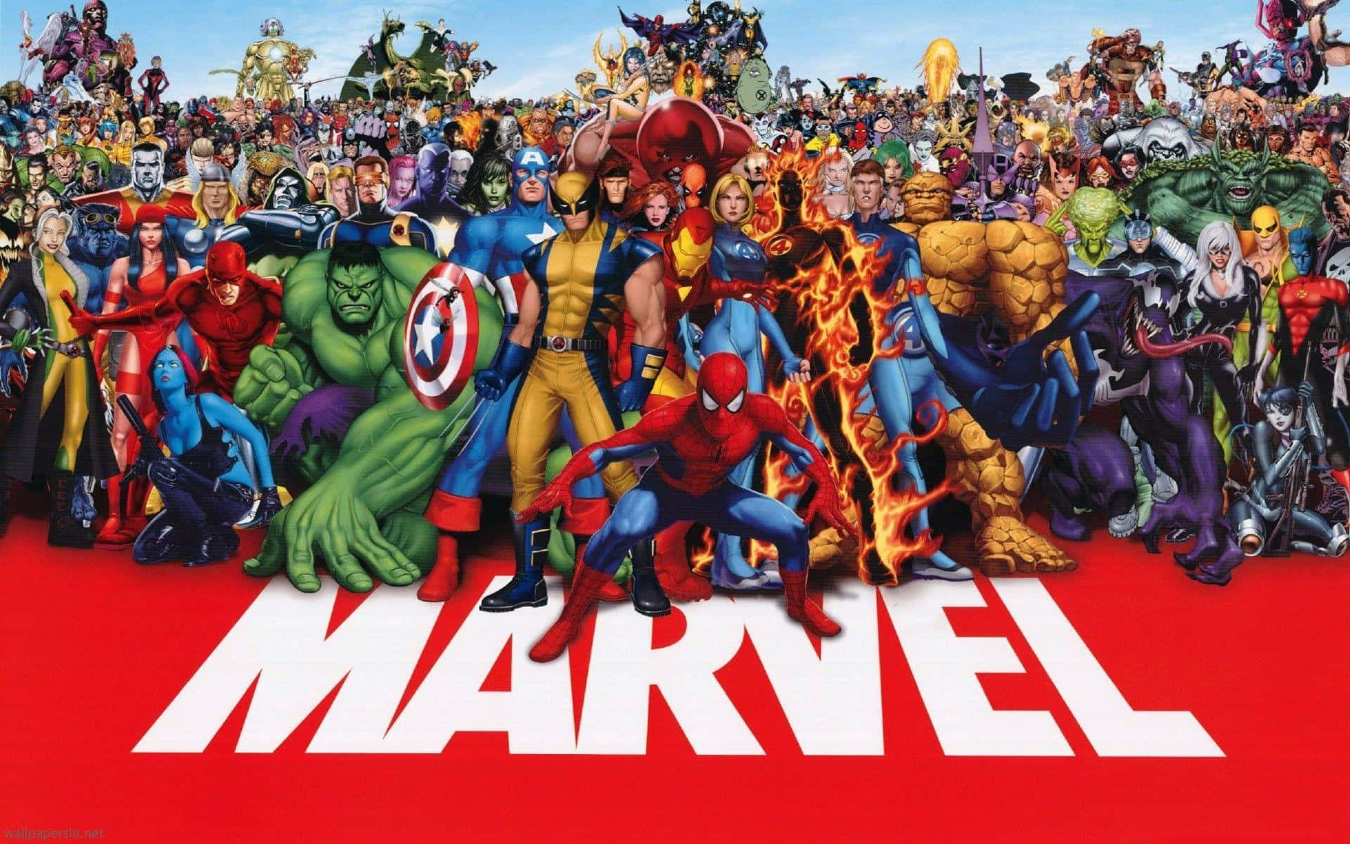 一大群Marvel超級英雄和反派在紅色背景上與MARVEL標誌一起擺姿勢。