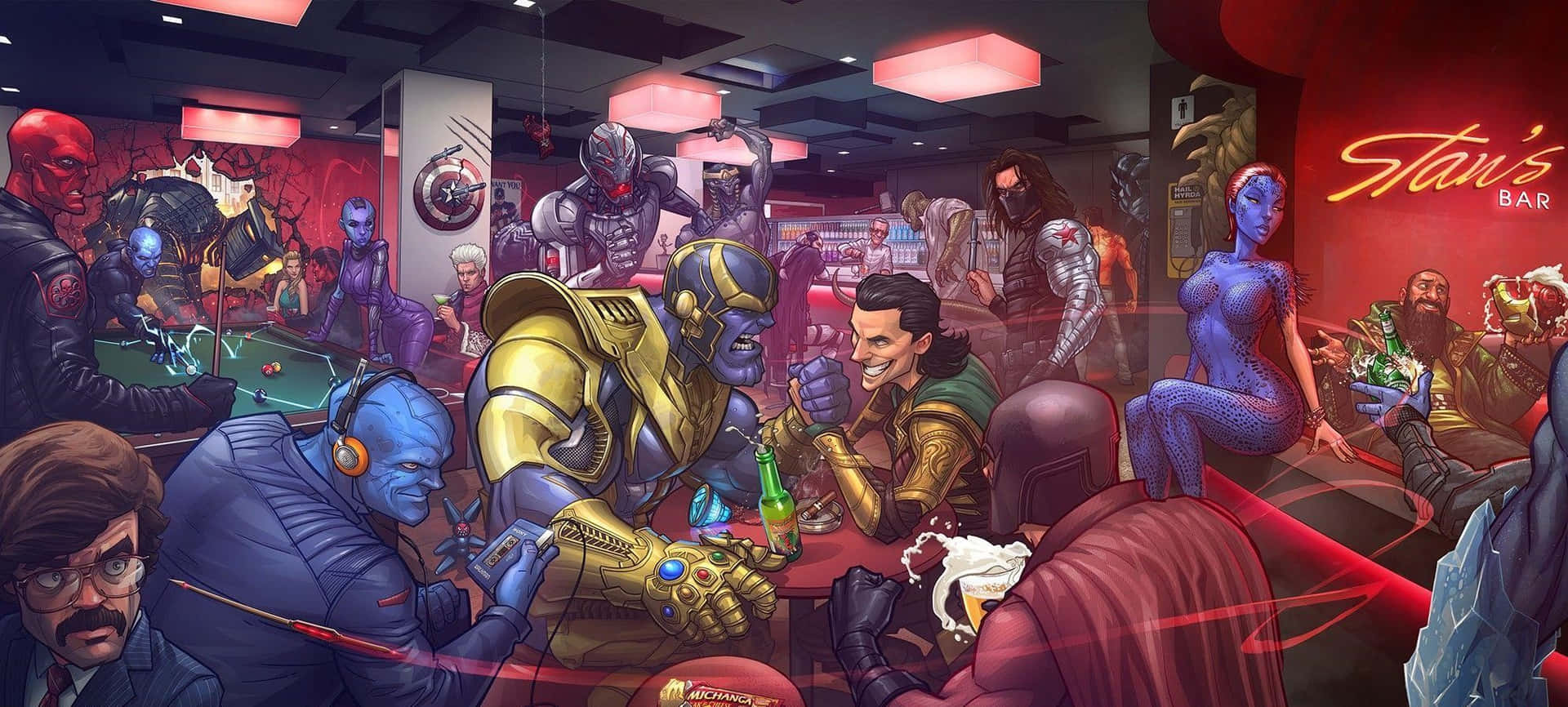 Marvel 角色在充滿活力的霓虹酒吧中社交，有桌球枱和飲品。