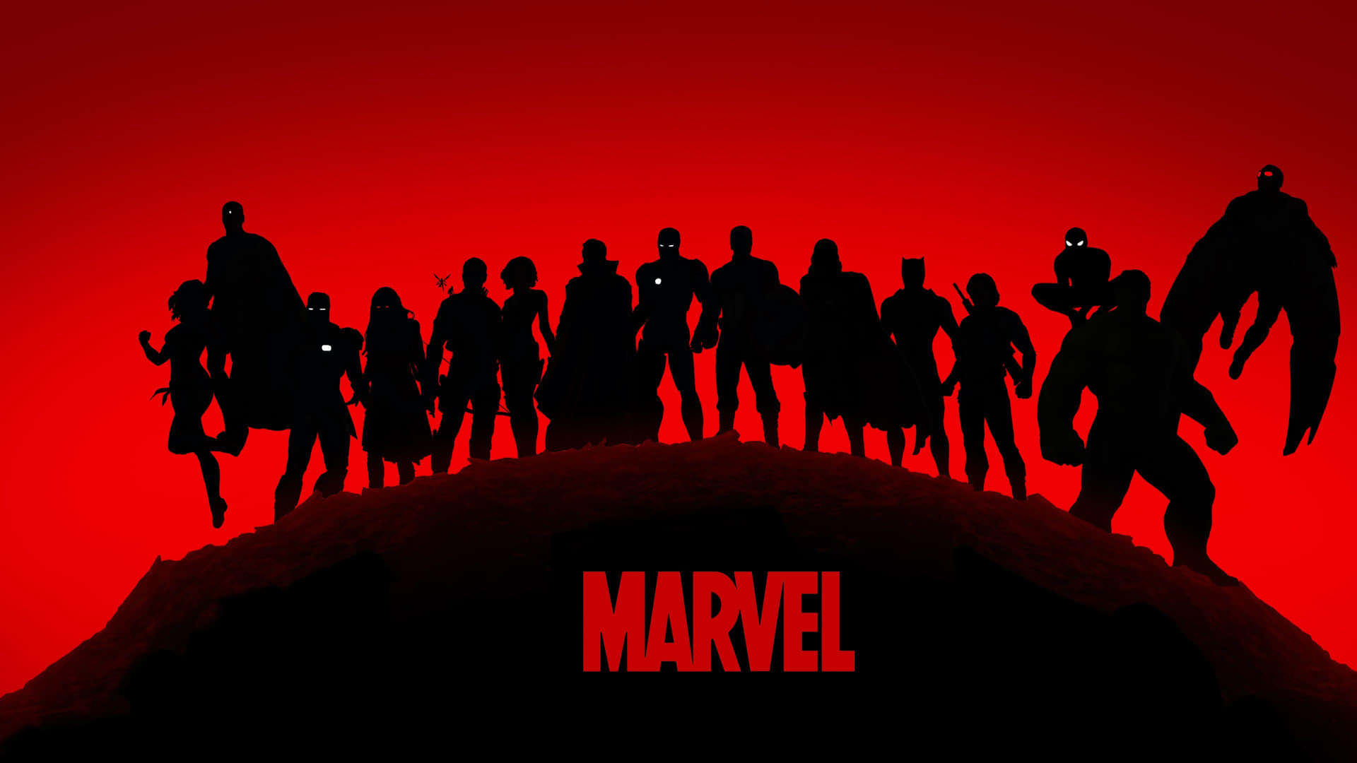 Marvel 超級英雄團隊剪影在山丘上，背景是紅色天空。