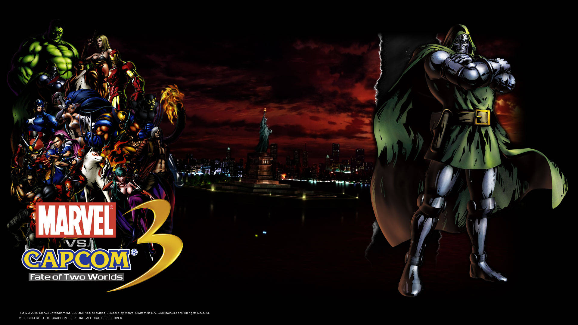 Marvel vs Capcom 3 遊戲封面，英雄們在黑暗的城市景觀上空面對末日博士。