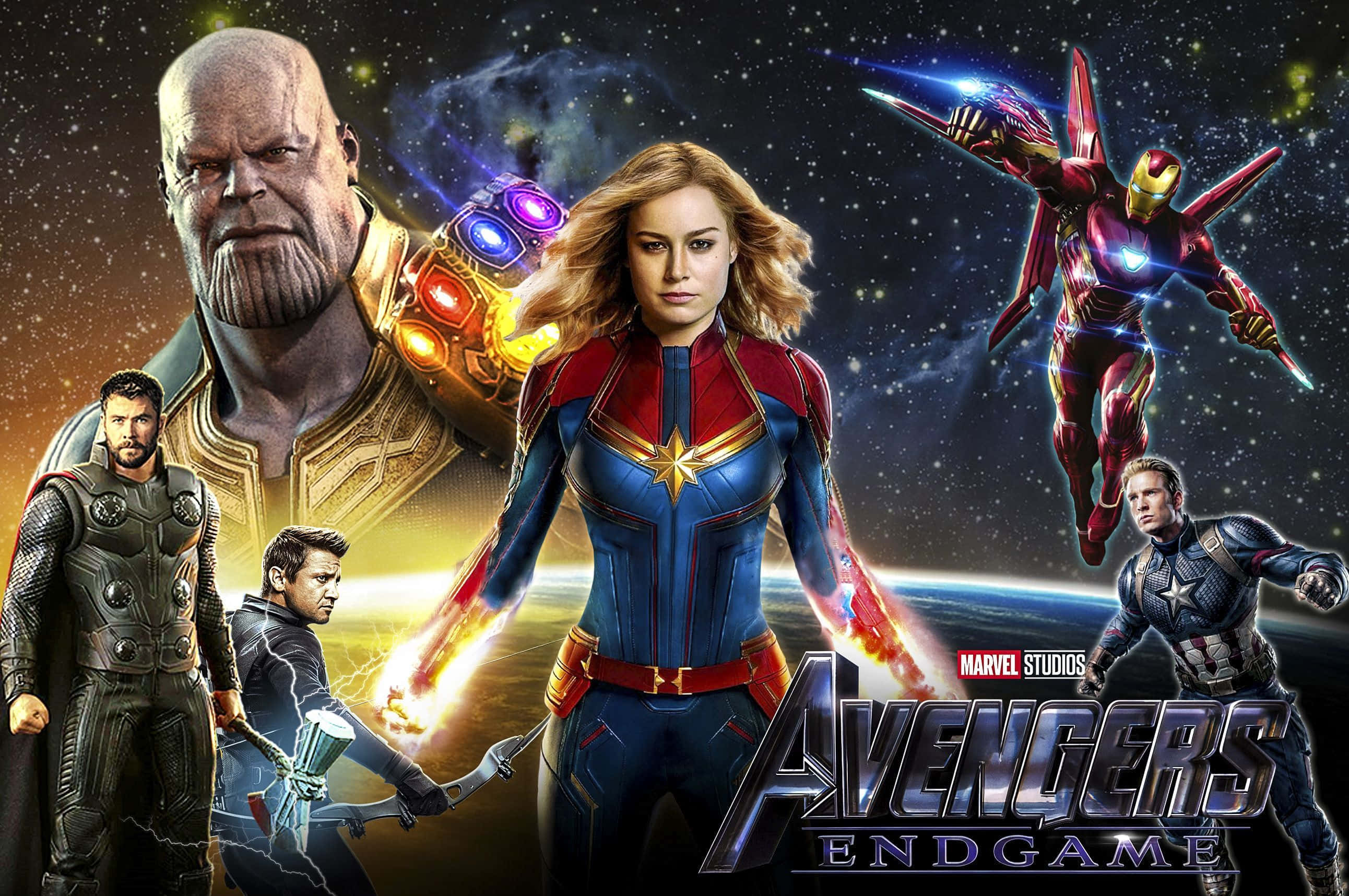 漫威復仇者：終局之戰電影海報廣告 壁紙 — Captain Marvel 英勇地站立，Iron Man 飛翔，Thanos 在《復仇者聯盟4：終局之戰》的宇宙戰鬥場景中隱現。