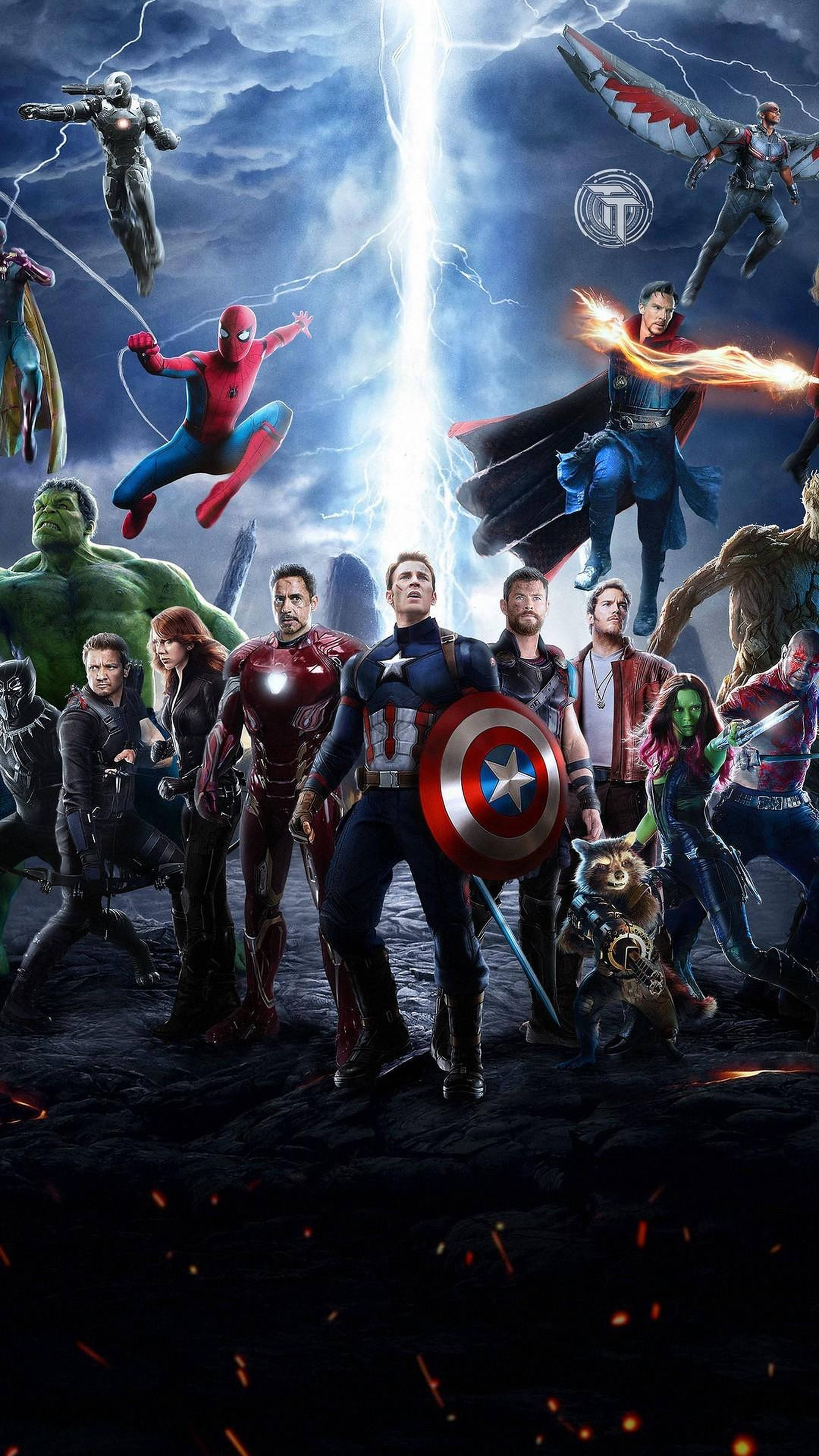 漫威復仇者聯盟：無限之戰 安卓圖像 壁紙 — Marvel 復仇者聯盟的超級英雄在雷電交加、火花四濺的暴風雨天空下集結。