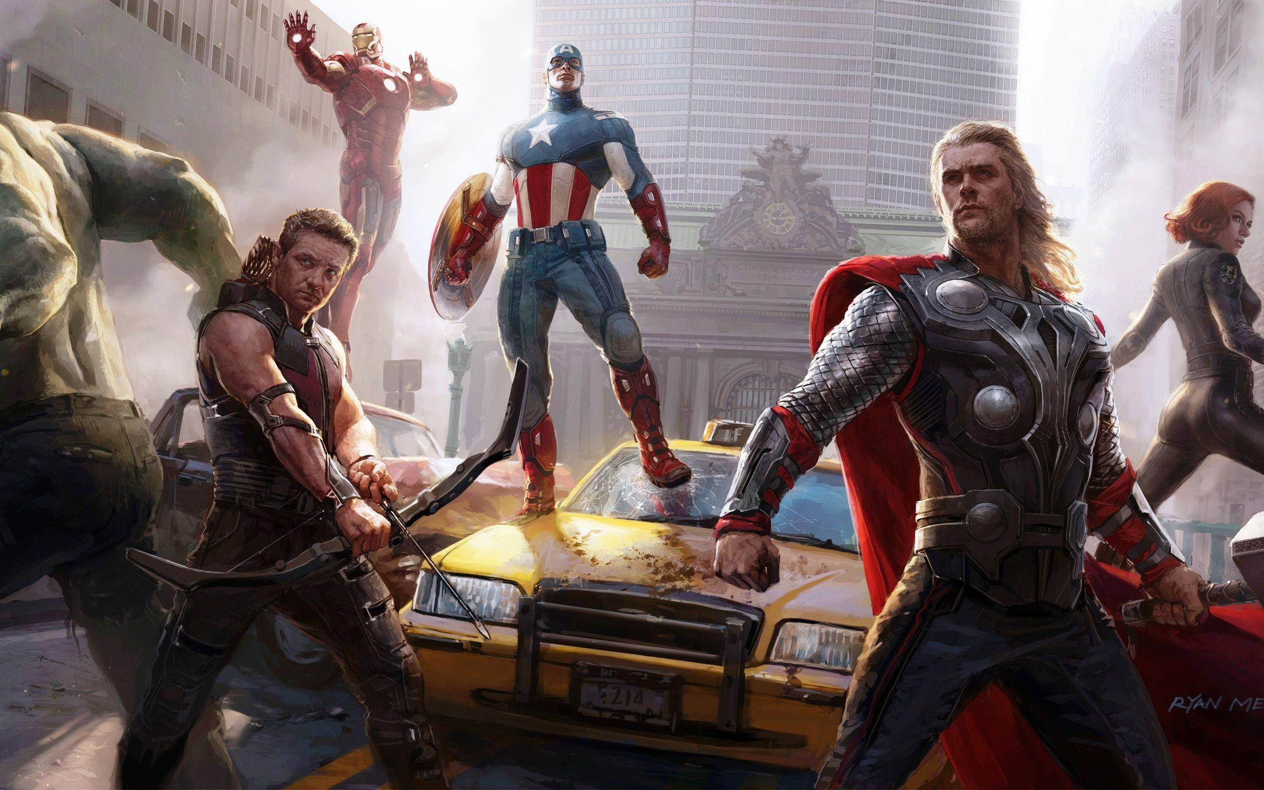 漫威復仇者聯盟戰鬥姿勢 壁紙 — Marvel 超級英雄在城市街道上戰鬥，一輛黃色的士在他們腳下被壓碎。