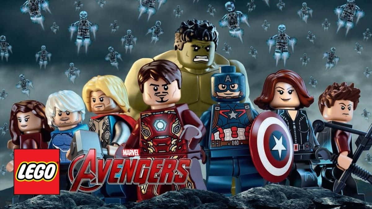 漫威復仇者聯盟樂高版遊戲 壁紙 — LEGO Marvel Avengers 英雄在風暴戰場上對抗發光的骷髏敵人。