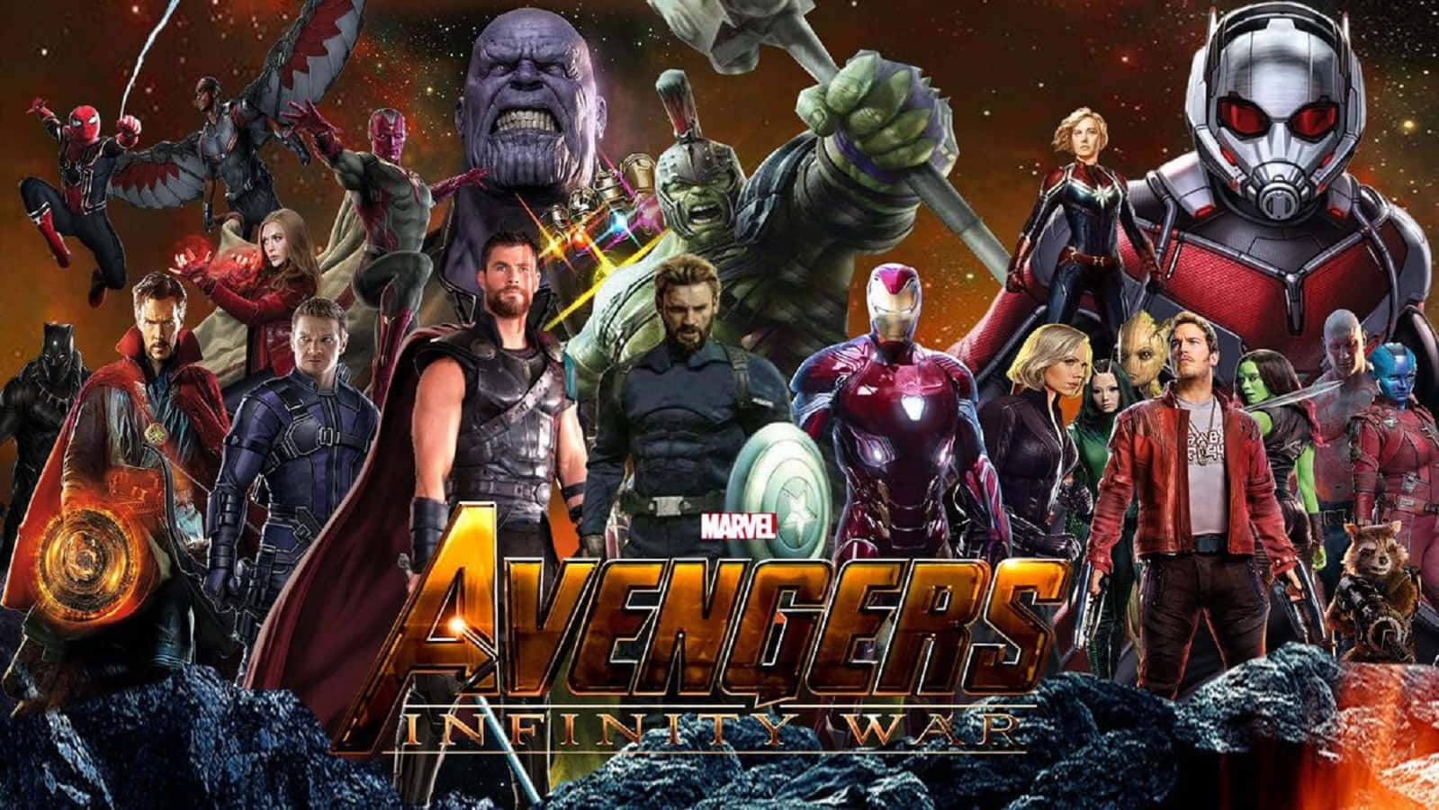 漫威復仇者聯盟為《無限之戰》集結 壁紙 — 一張動態的Marvel Avengers Infinity War海報，英雄與反派在宇宙背景下擺出英勇姿勢。