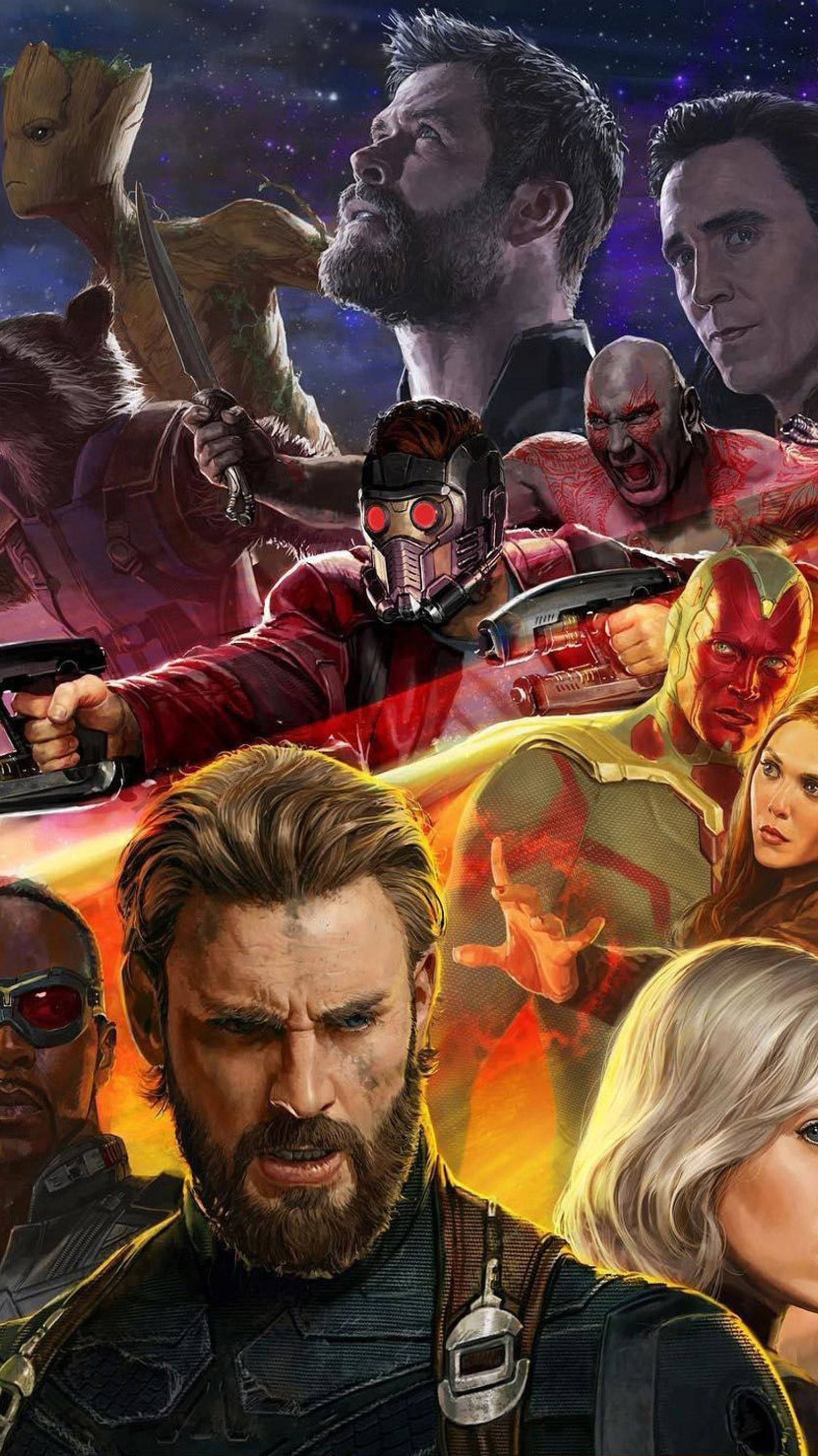 漫威手機壁紙：復仇者聯盟：無限戰爭 壁紙 — 一幅動態拼貼畫，Marvel 超級英雄與反派在宇宙背景下擺出姿勢，帶有鮮豔燈光和強烈表情。