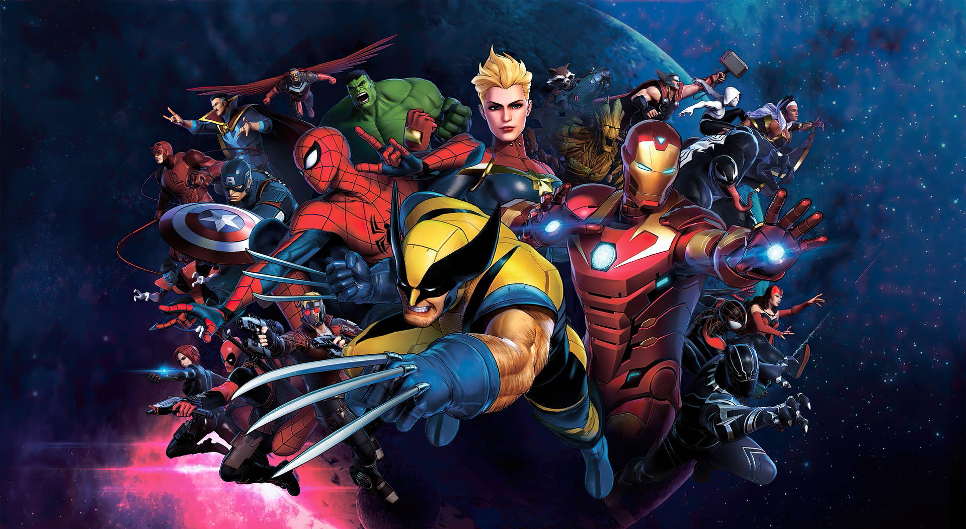Marvel超級英雄在宇宙背景下擺出動態姿勢。