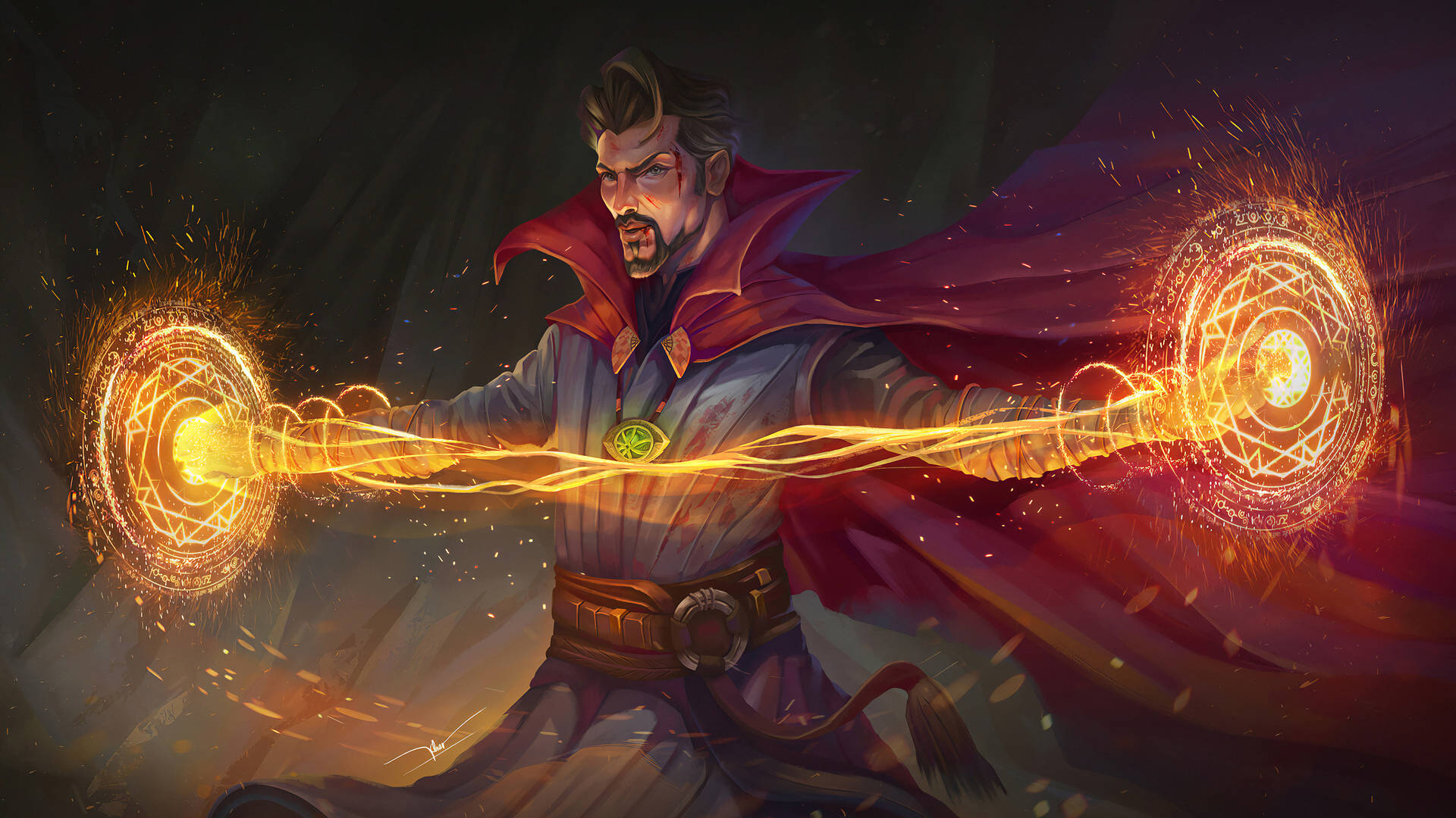 奇異博士用發光的球體施展強大的魔法咒語。