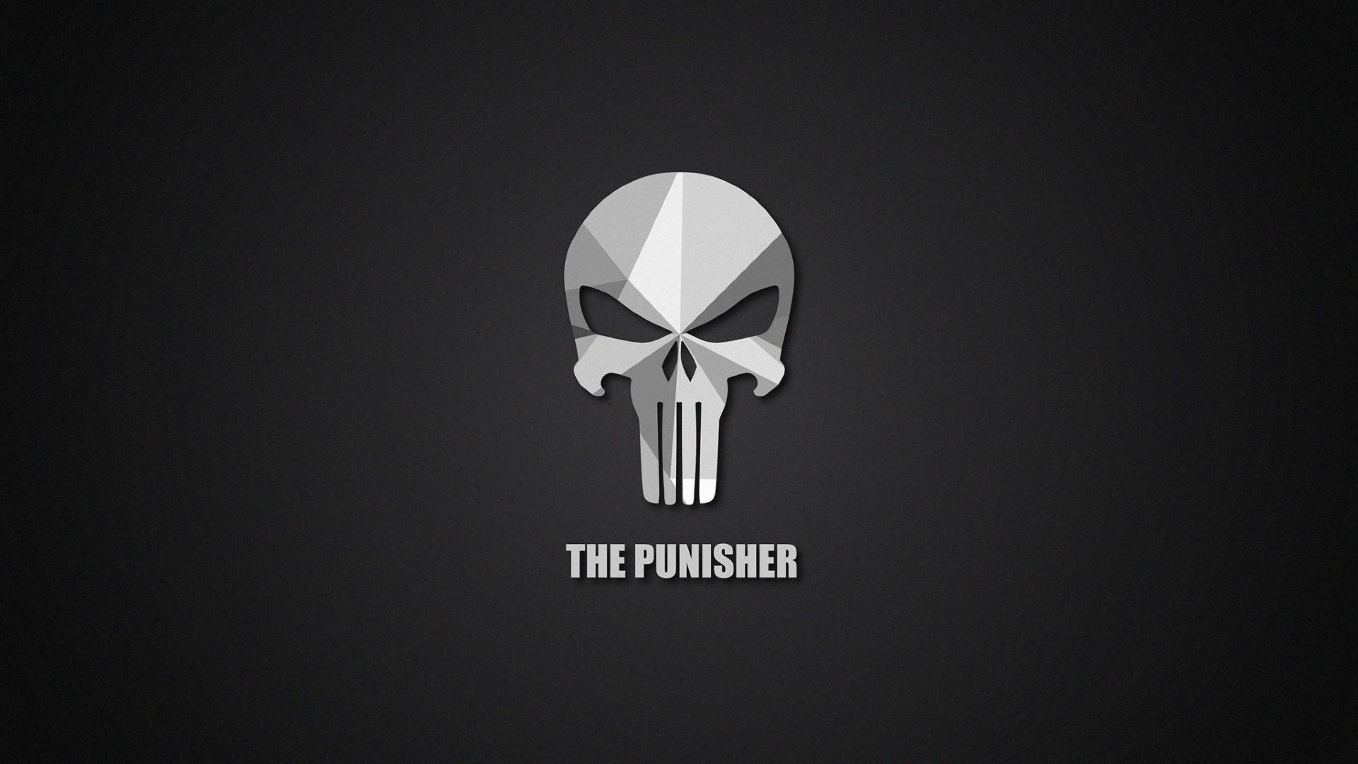 深灰色背景上的銀色 Punisher 骷髏標誌，帶白色文字。