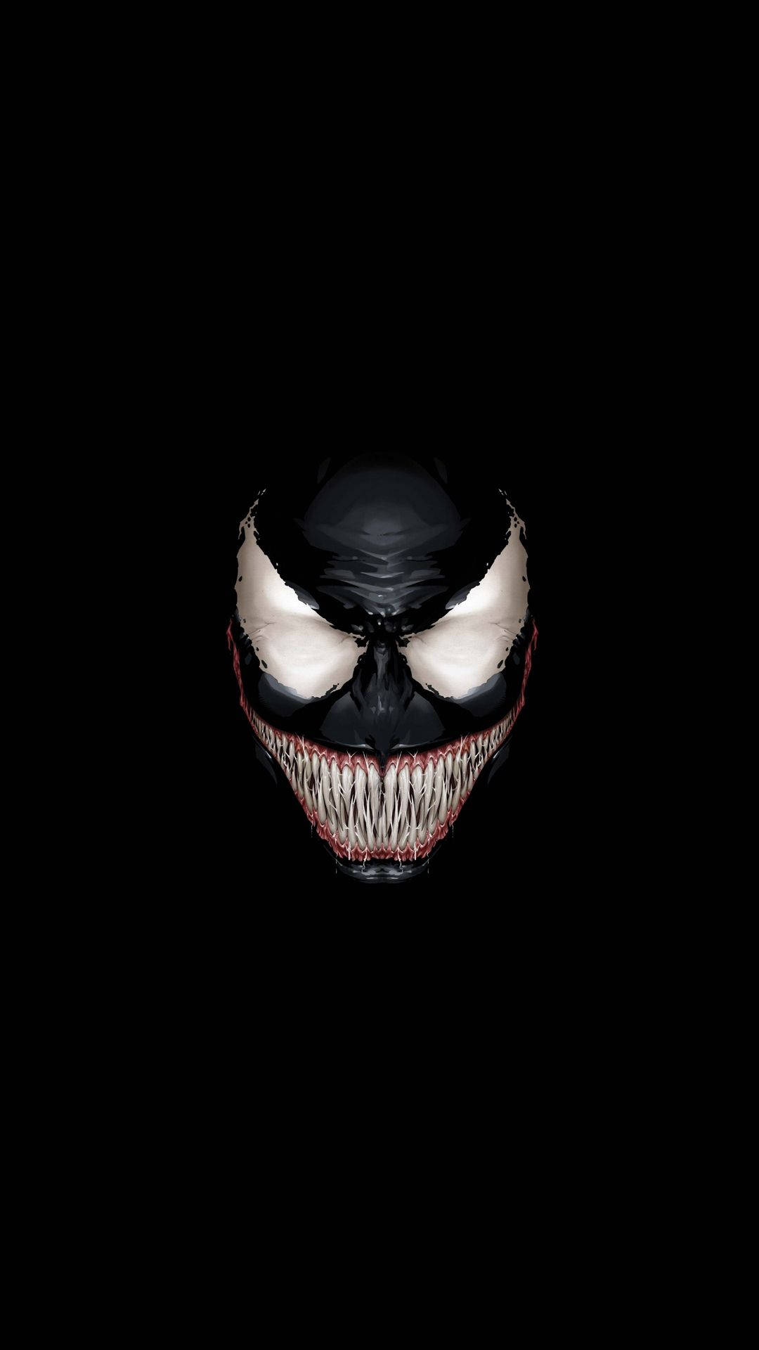 Venom面具，發光眼睛和鋒利牙齒，黑色背景