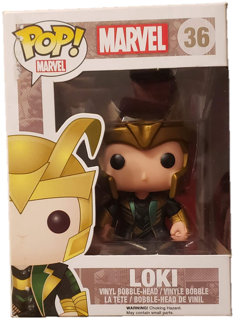 漫威洛基 Funko Pop 36 壁紙 — Funko Pop! Marvel Loki 乙烯基人偶，以其標誌性的金色頭盔和綠色盔甲展示在原裝包裝中。