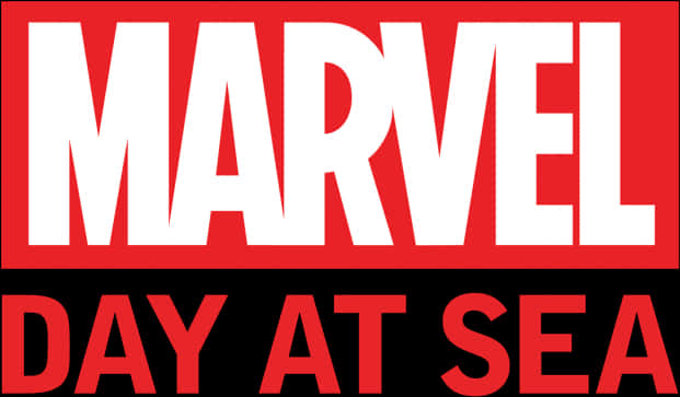 漫威海邊日活動標誌 壁紙 — 大膽的紅色和黑色Marvel標誌，黑色背景上有白色文字「MARVEL」和紅色文字「DAY AT SEA」。