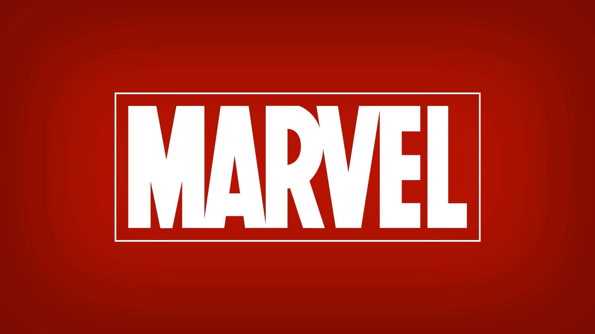 紅色背景上的白色矩形內白色文字的Marvel標誌。
