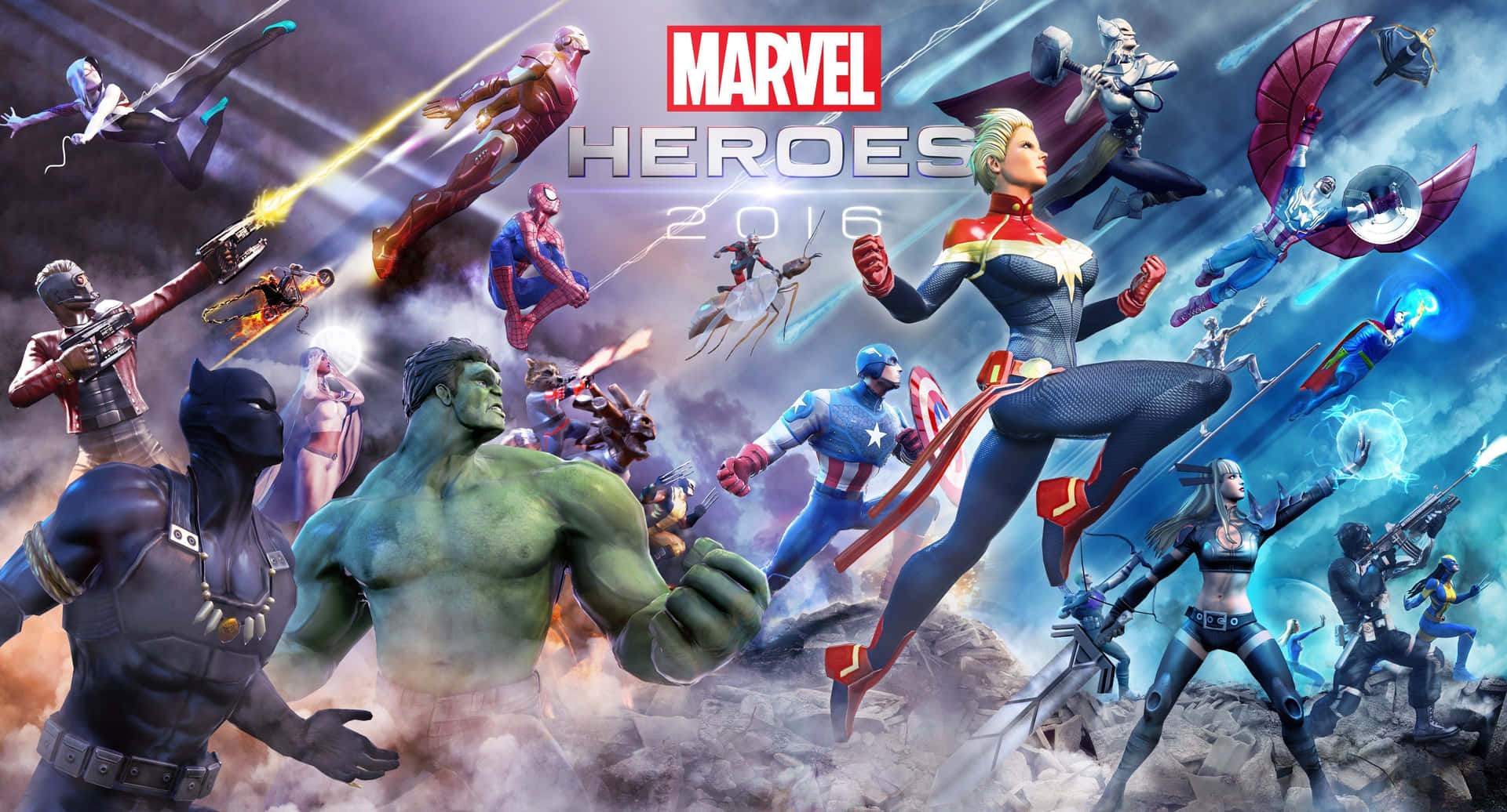 Marvel超級英雄在戰鬥中，伴隨能量爆炸和飛行姿勢。