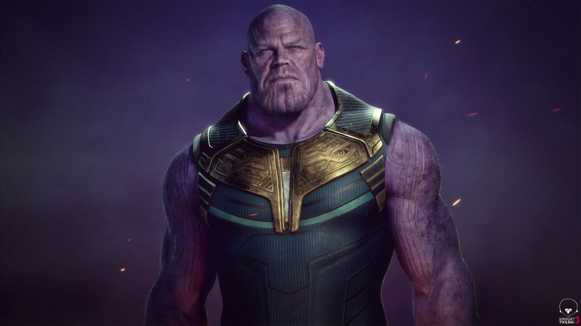 Thanos 身穿深色盔甲，周圍有發光的餘燼漂浮。