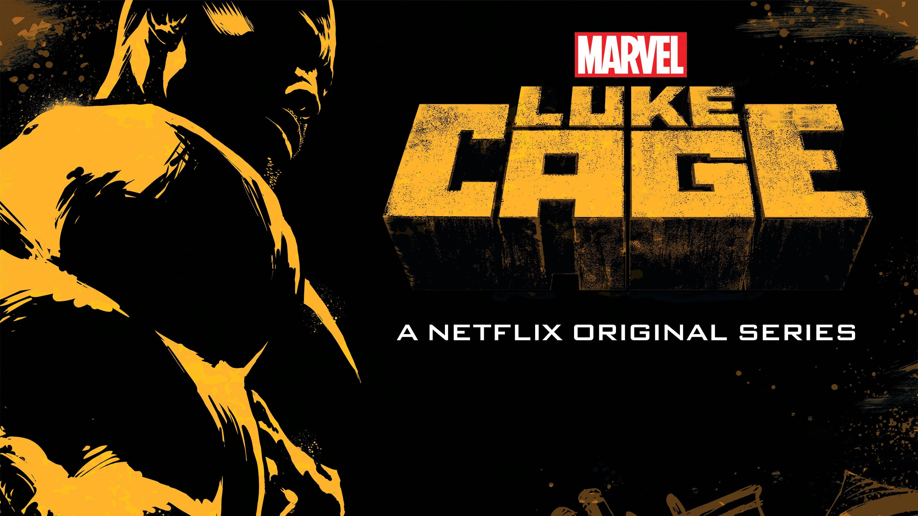 漫威盧克·凱奇Netflix劇集 壁紙 — 一張大膽的黃色和黑色漫畫風格海報，為Marvel的Luke Cage Netflix系列設計， featuring 一個肌肉發達的剪影。