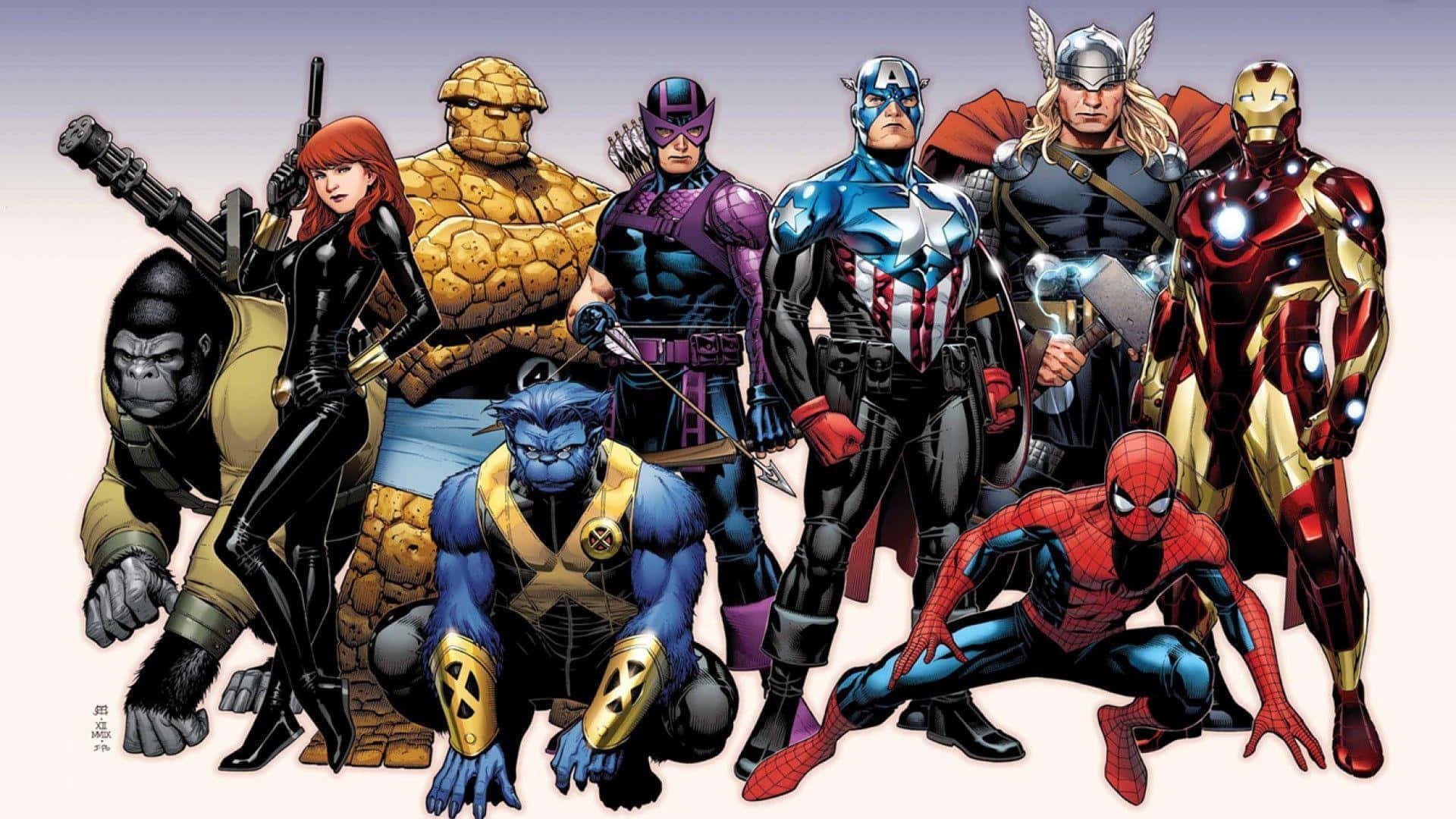 漫威經典英雄壁紙 壁紙 — 一組標誌性的Marvel超級英雄以英雄姿態排列在柔和的漸變背景前，充滿動感。