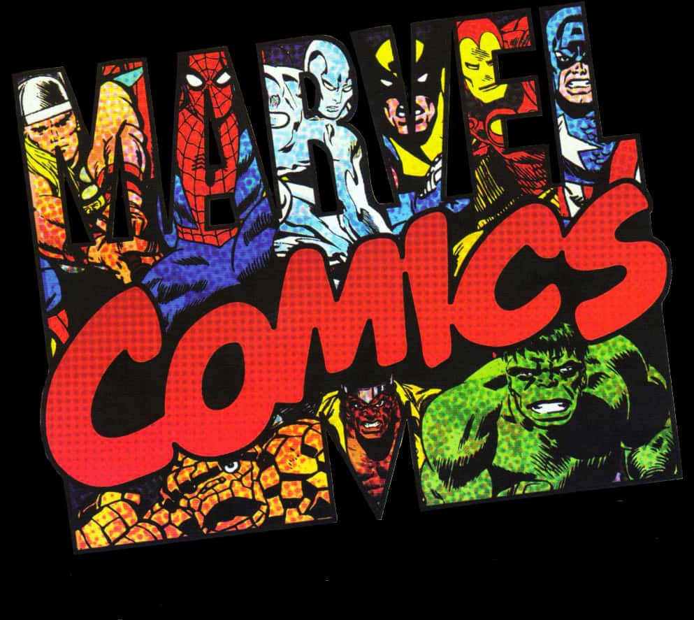 漫威經典英雄拼貼 壁紙 — 大膽復古Marvel Comics標誌，在黑色背景上以經典漫畫風格展現標誌性超級英雄。