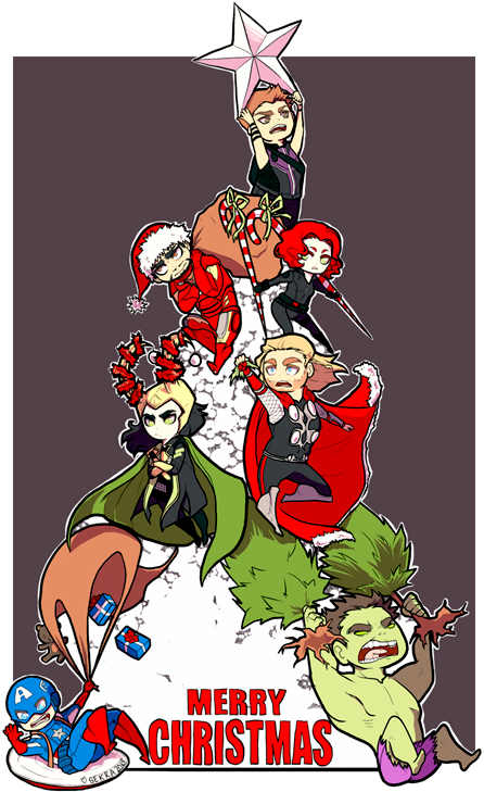 漫威聖誕樹洛基變體 壁紙 — Chibi Marvel 英雄組成節日聖誕樹，頂部有星星和禮物，背景為深色。