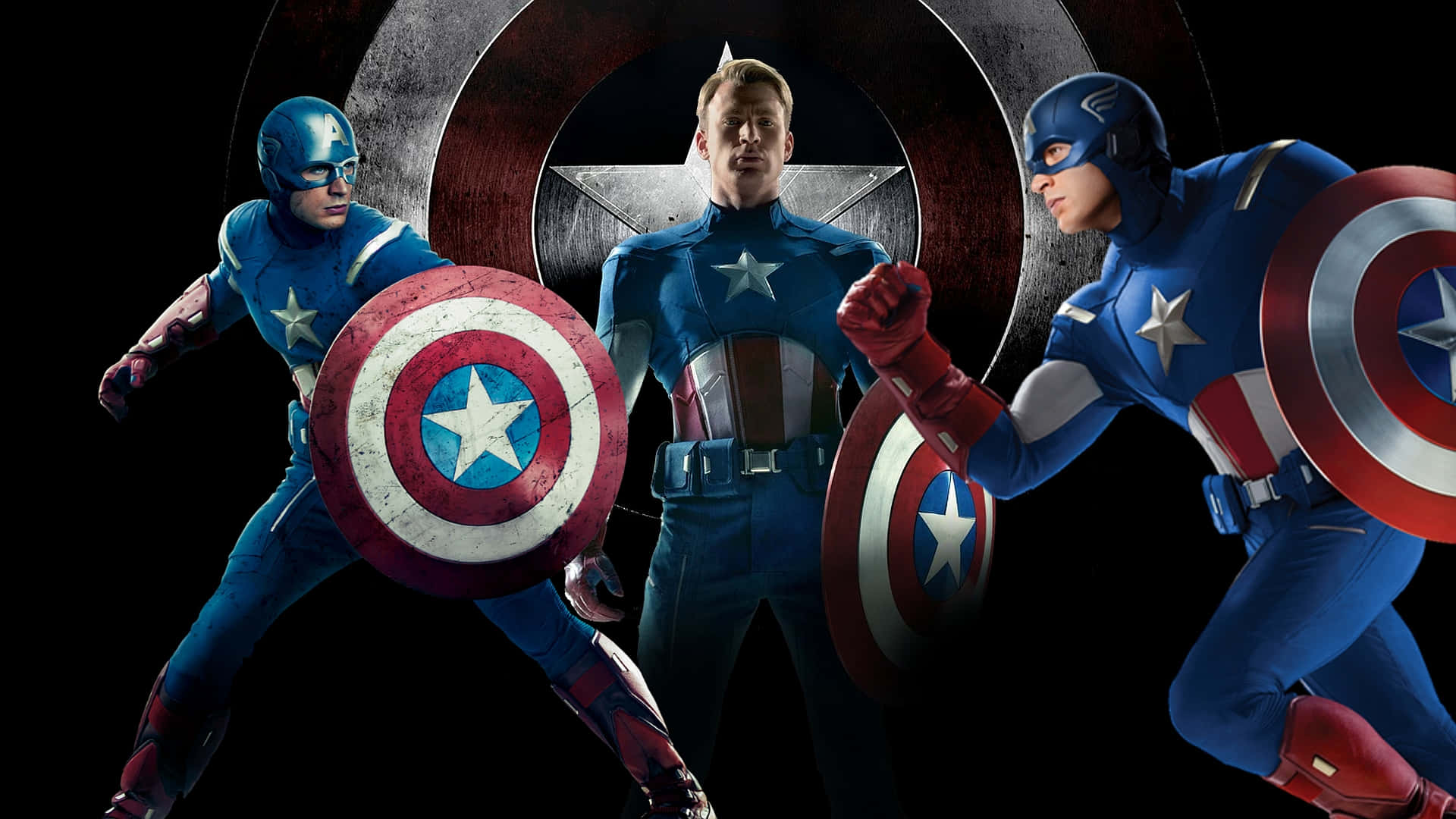 漫威英雄——美國隊長 壁紙 — 三個身穿藍、紅、白色戰衣的美國隊長角色，在深色背景前手持盾牌動感擺姿勢。