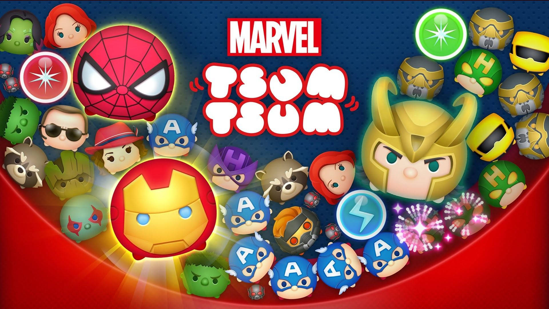 「漫威英雄們萌翻了！」 壁紙 — 色彩繽紛的Marvel卡通角色以Tsum Tsum風格圍繞遊戲標誌，背景為動感的紅色和藍色。