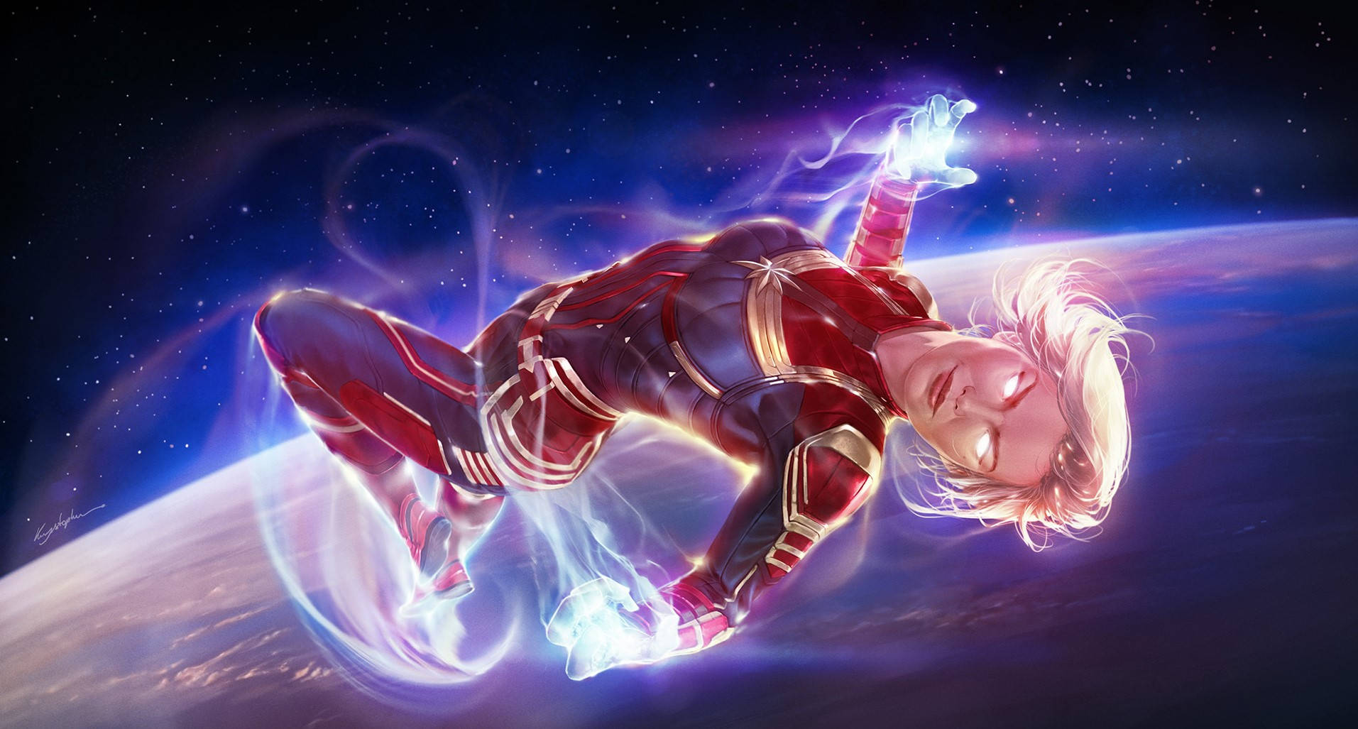 Captain Marvel 在太空中飛行，帶有發光的能量效果。