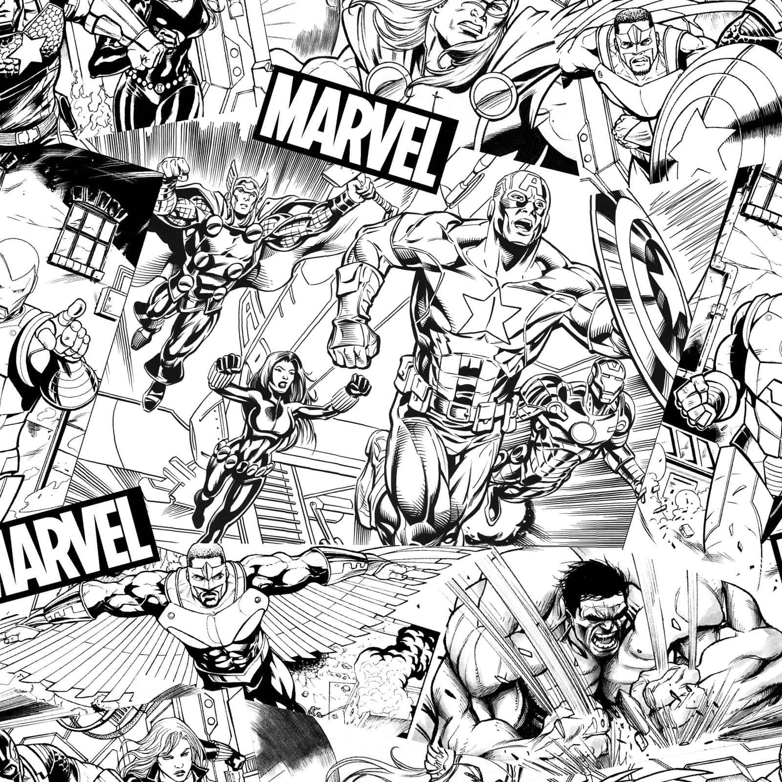 Marvel超級英雄動作姿勢的黑白漫畫插圖。