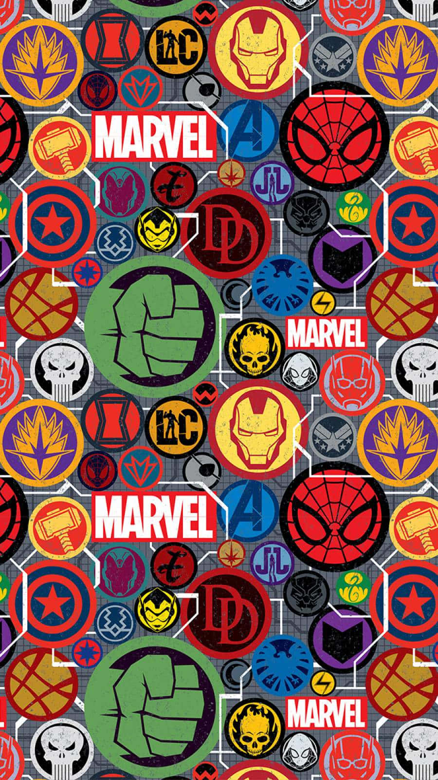 壁紙，帶有密集的Marvel超級英雄標誌和符號圖案。