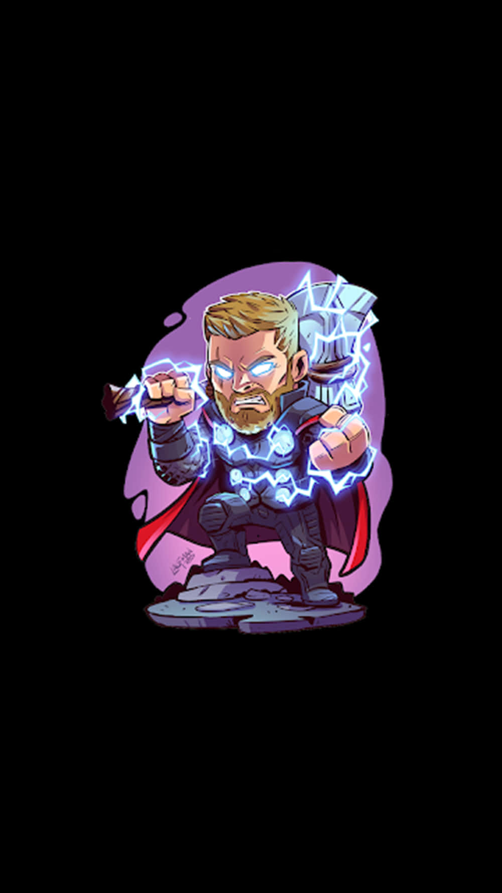 Chibi Thor 用發光的眼睛和紫色光環召喚閃電。