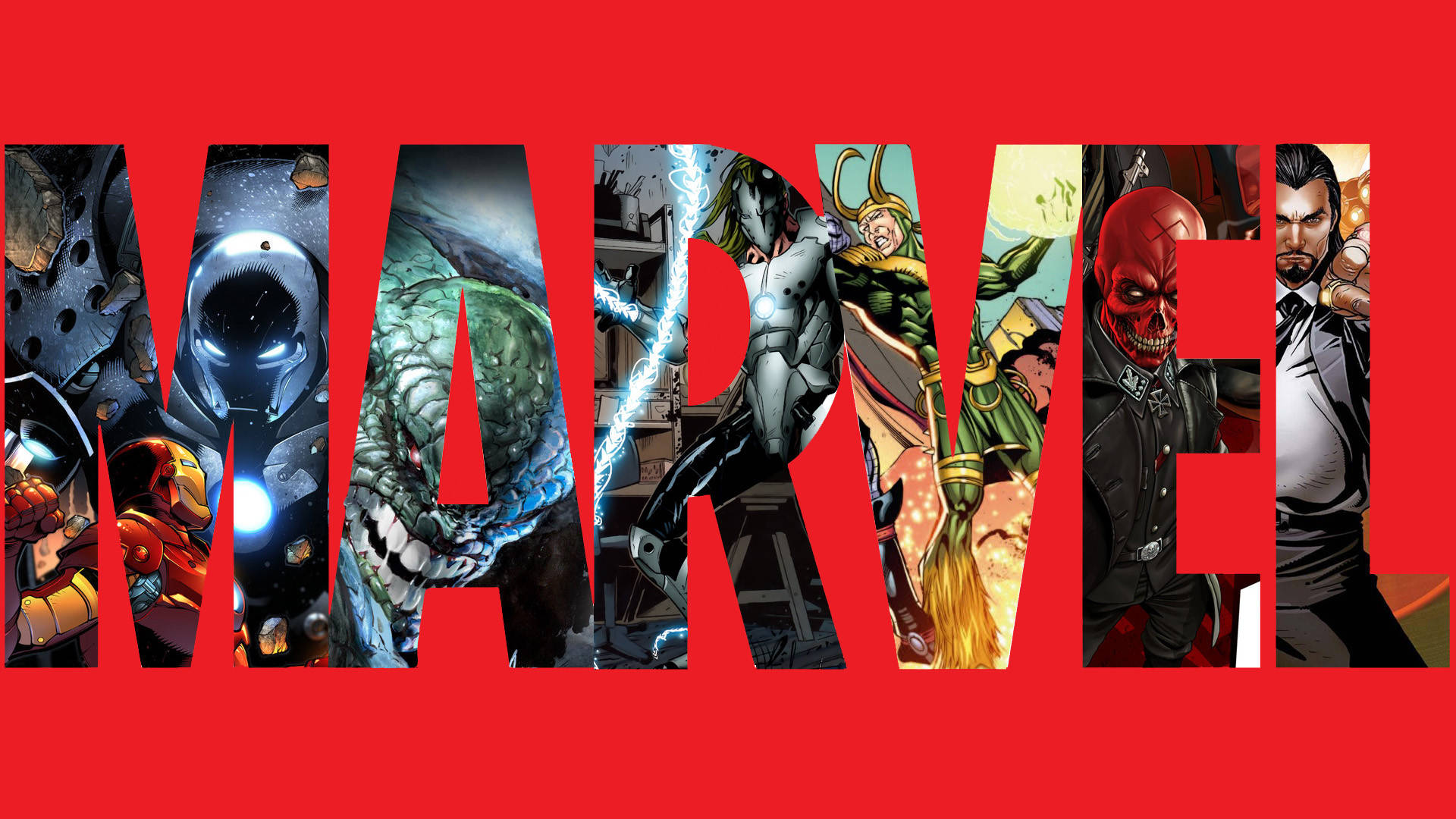 Marvel標誌，每個字母內有超級英雄和反派角色。
