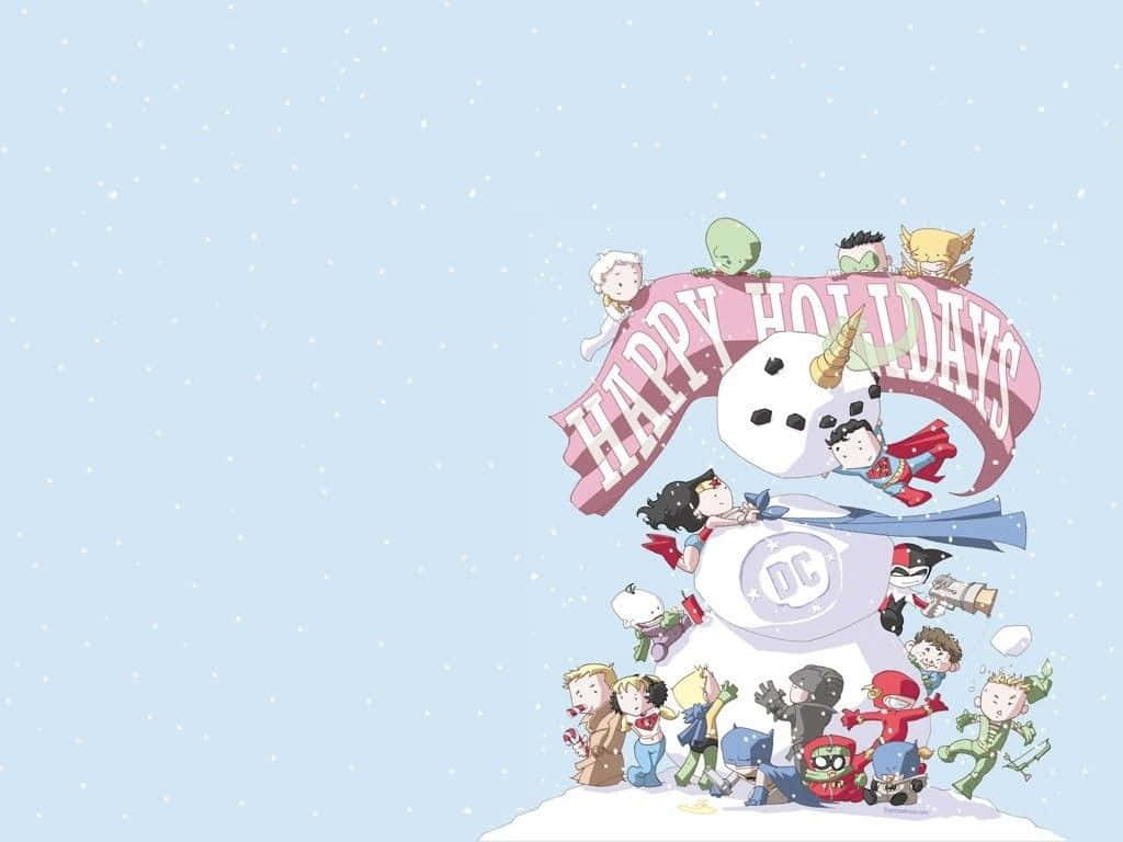 DC 角色圍繞雪人與節日橫幅慶祝節日。