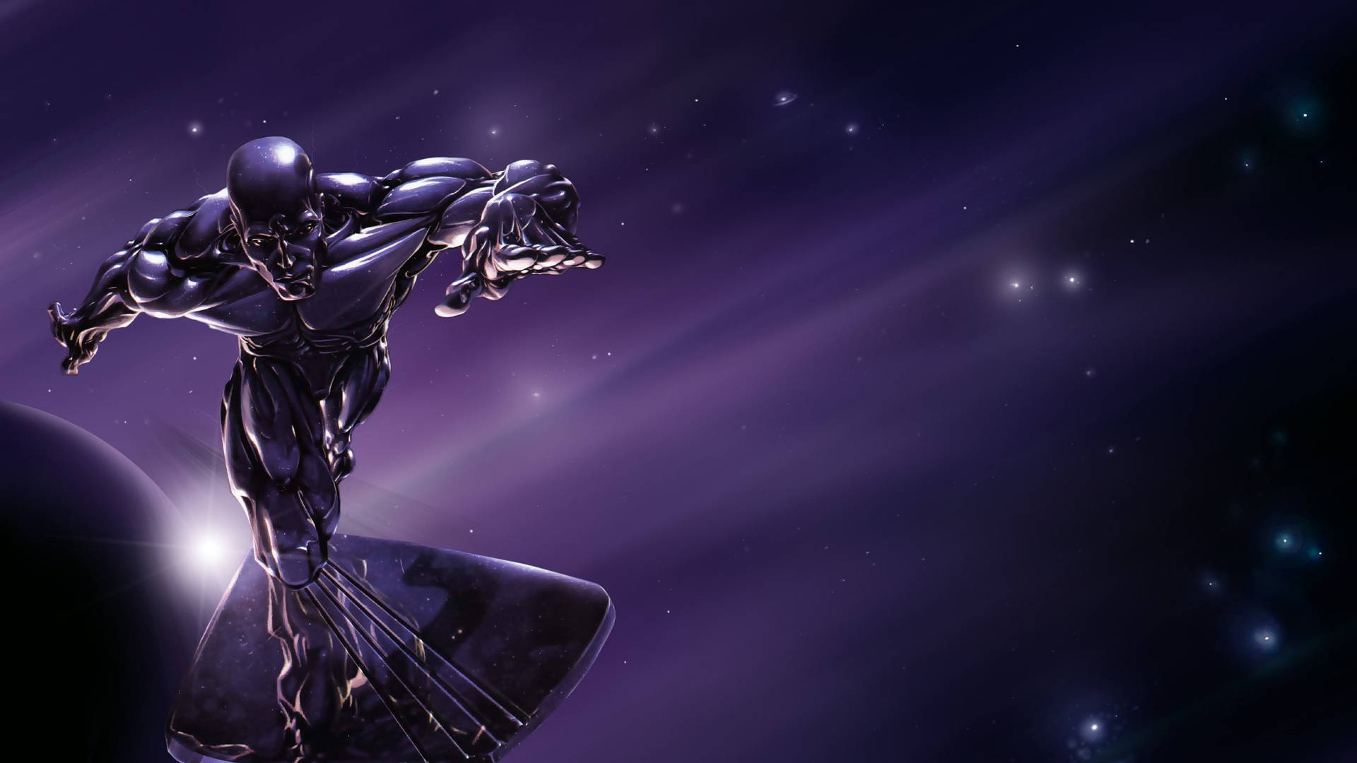 銀色超級英雄在星塵紫星系中乘宇宙波浪衝浪。
