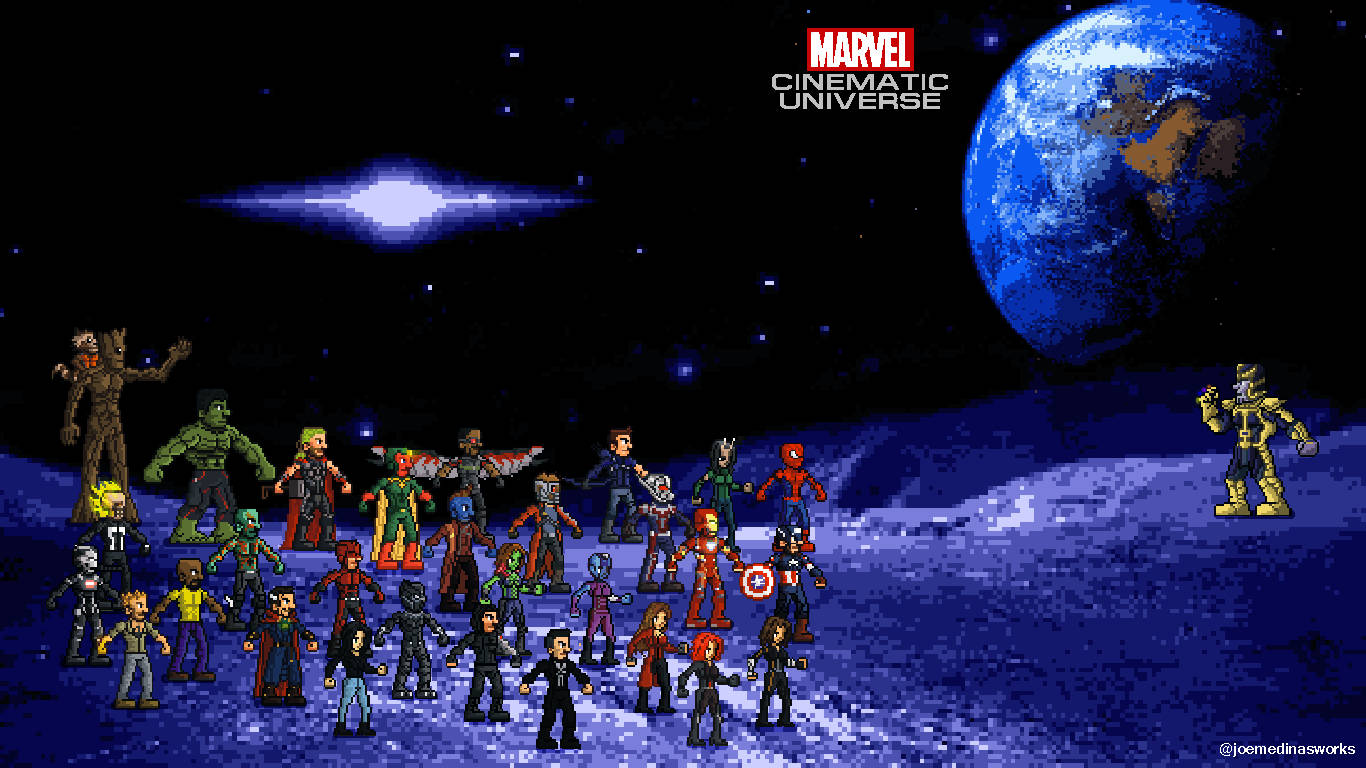 像素藝術風格的Marvel超級英雄在月球上，天空中有地球。