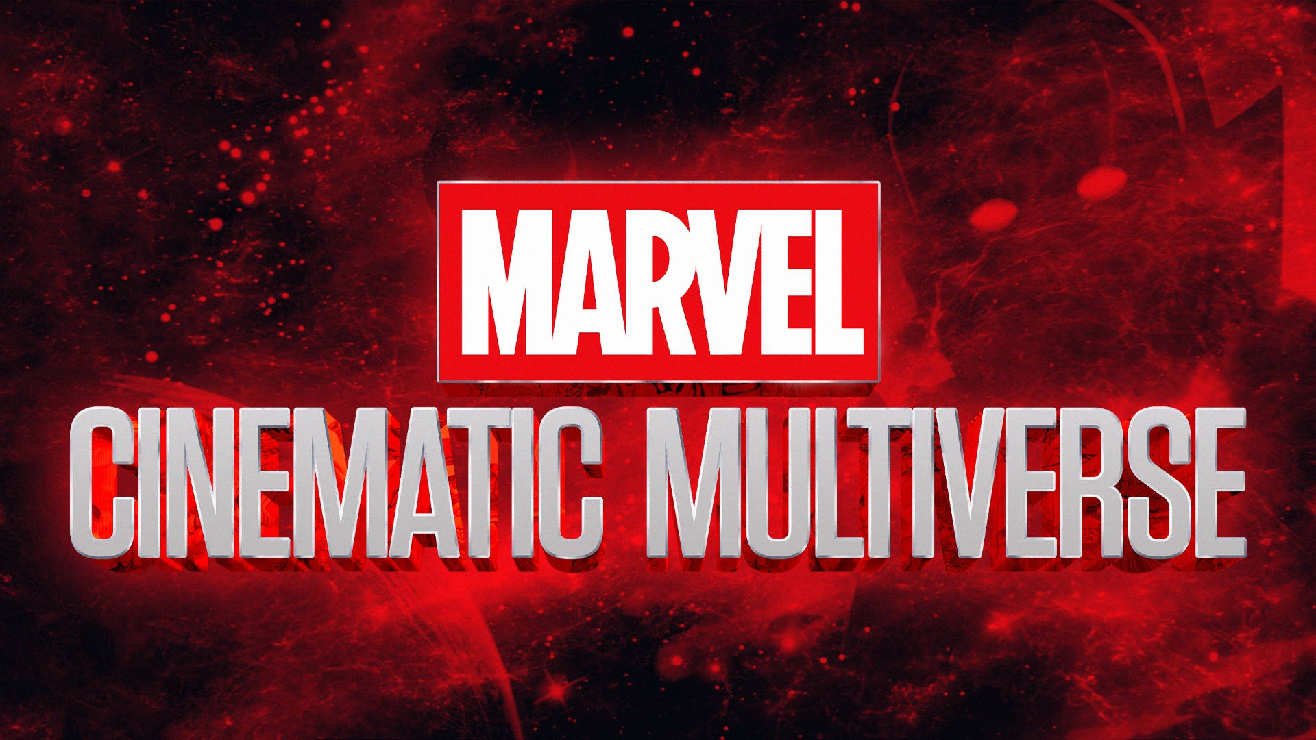 漫威電影宇宙多元宇宙 壁紙 — 粗體白色文字寫著Marvel Cinematic Multiverse，背景是動態的紅色宇宙背景，帶有漂浮粒子。