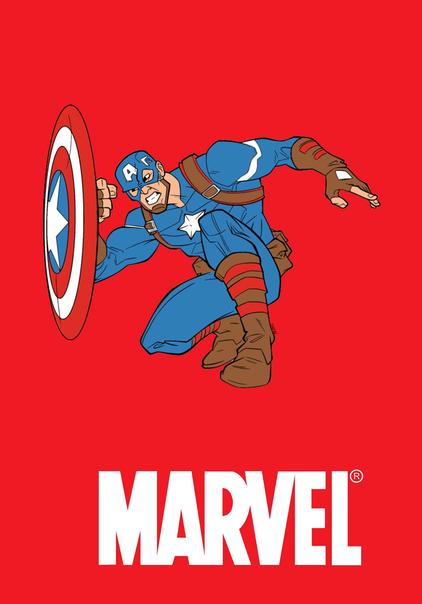 美國隊長在紅色背景上手持盾牌擺出動作姿勢，帶有Marvel標誌。