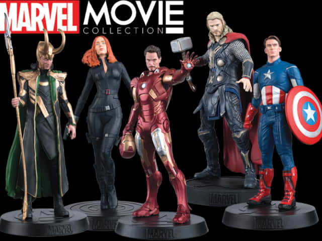 漫威電影系列人偶 壁紙 — 五個Marvel動作人偶，包括Loki、Black Widow、Iron Man、Thor和Captain America，在黑色背景前擺姿勢。