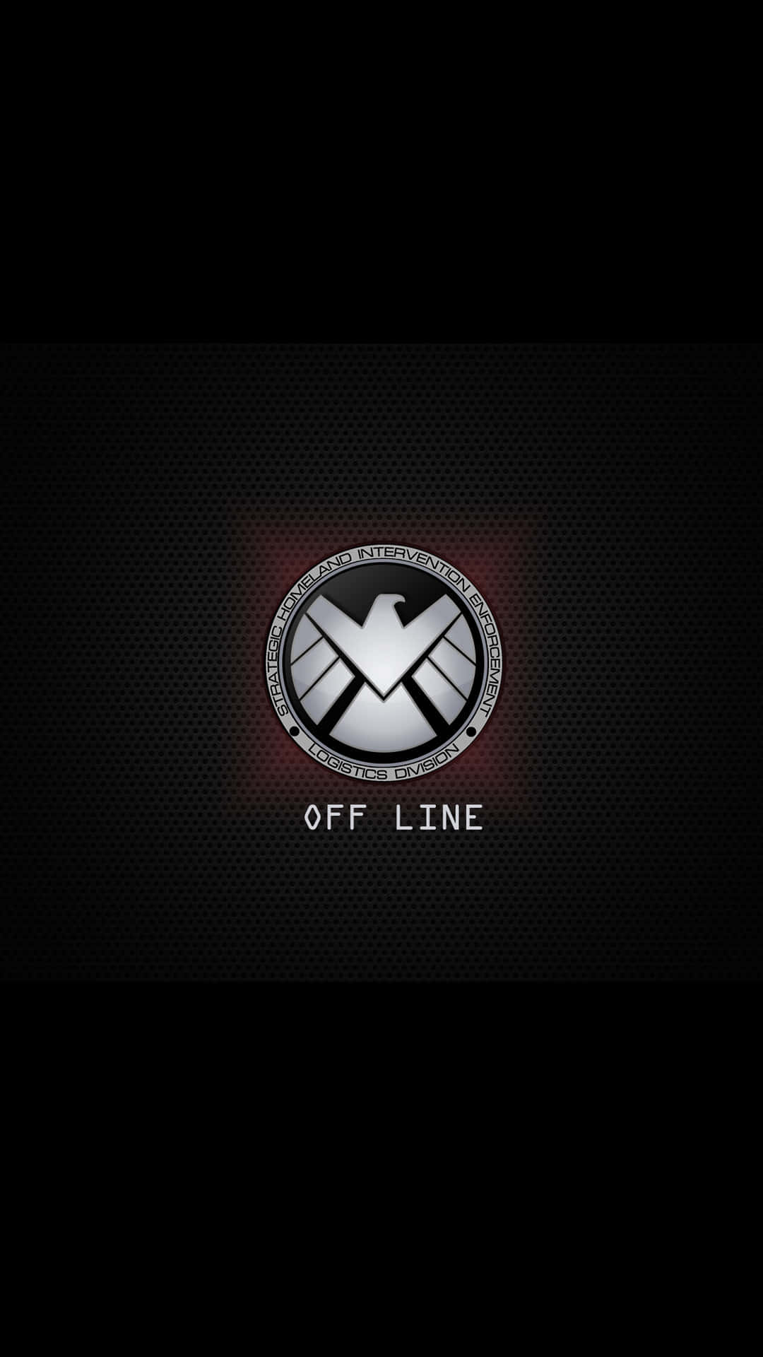 S.H.I.E.L.D.標誌帶有紅色光芒和「OFF LINE」文字，位於深色穿孔背景上。