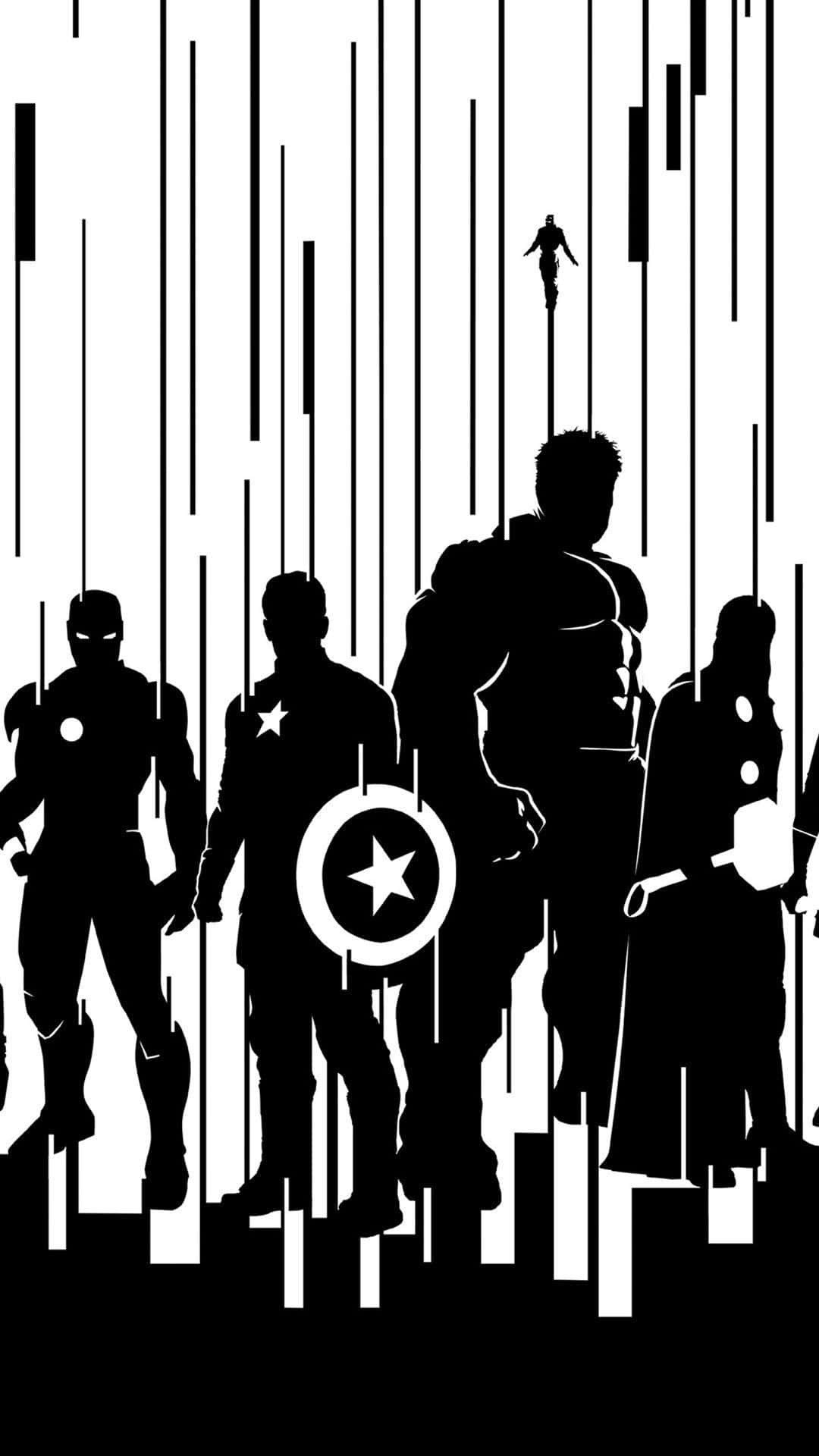 風格化圖形設計中的 Marvel 超級英雄黑白剪影。