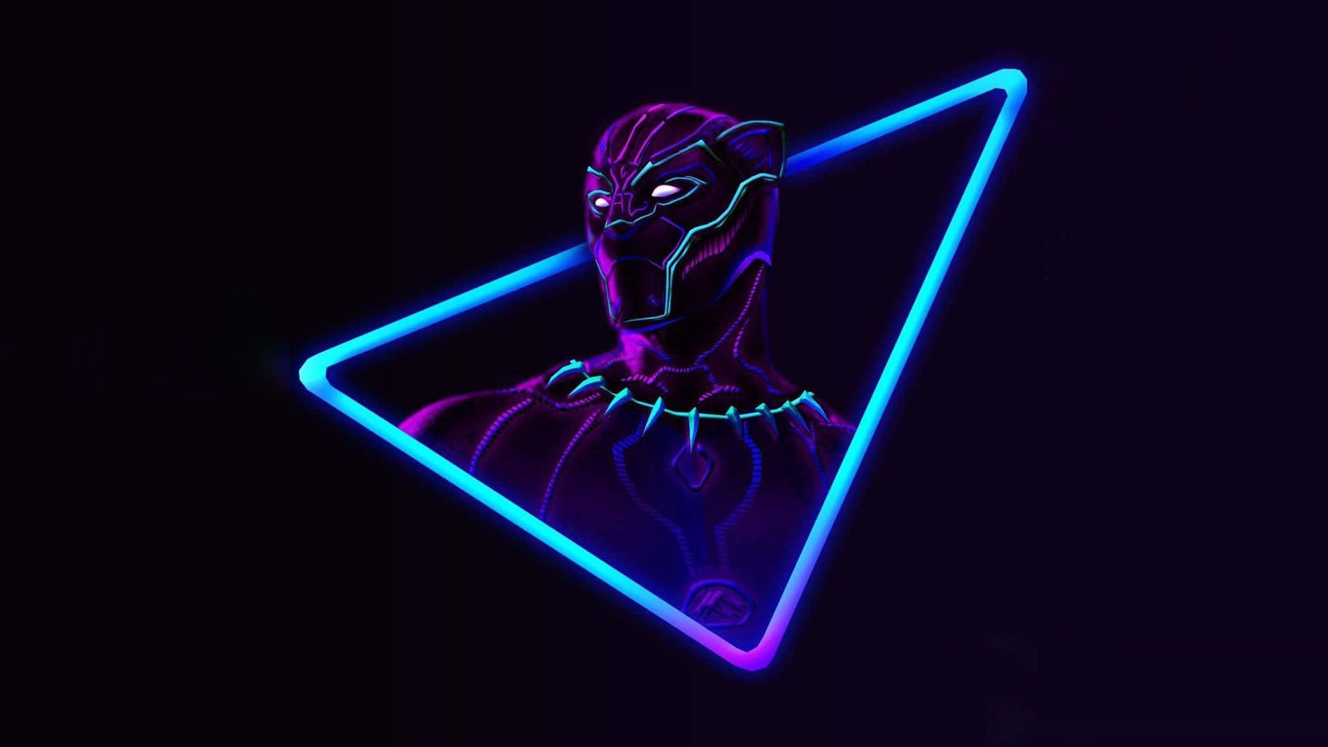 漫威黑豹 AMOLED 桌面 壁紙 — 在黑暗背景上，一個發光藍色三角形內框著的霓虹燈黑豹剪影。