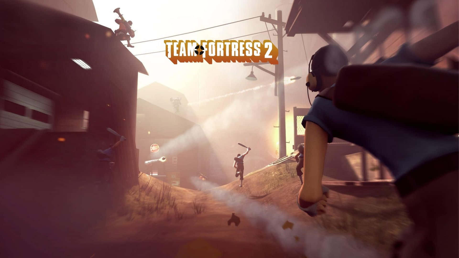 《Team Fortress 2》遊戲場景，士兵們在日落時分的塵土飛揚工業小鎮中戰鬥。