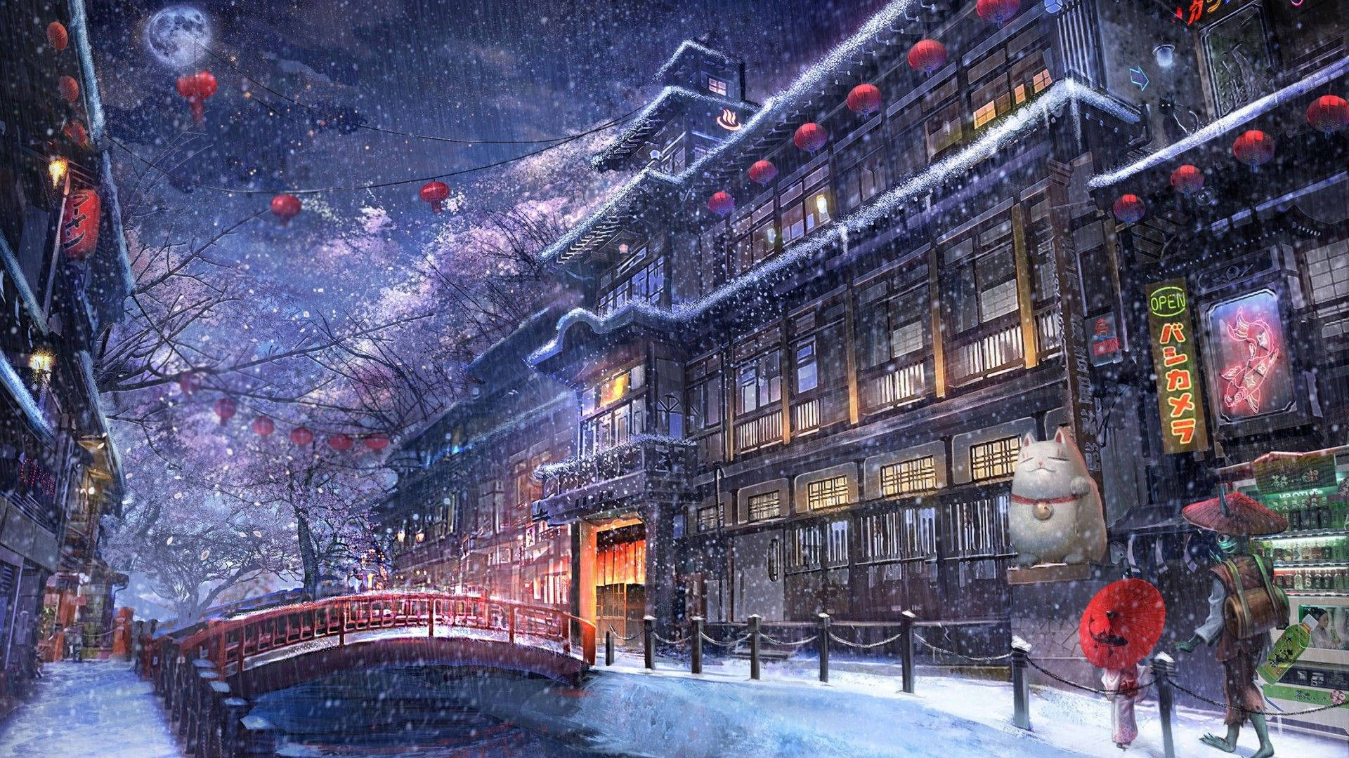 雪夜的日本街道，閃耀的燈籠、櫻花和貓雕像。
