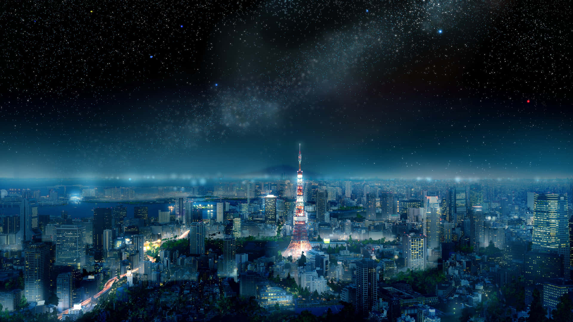 夜晚的東京城市景觀，燈火通明的建築物和帶有銀河的星空。