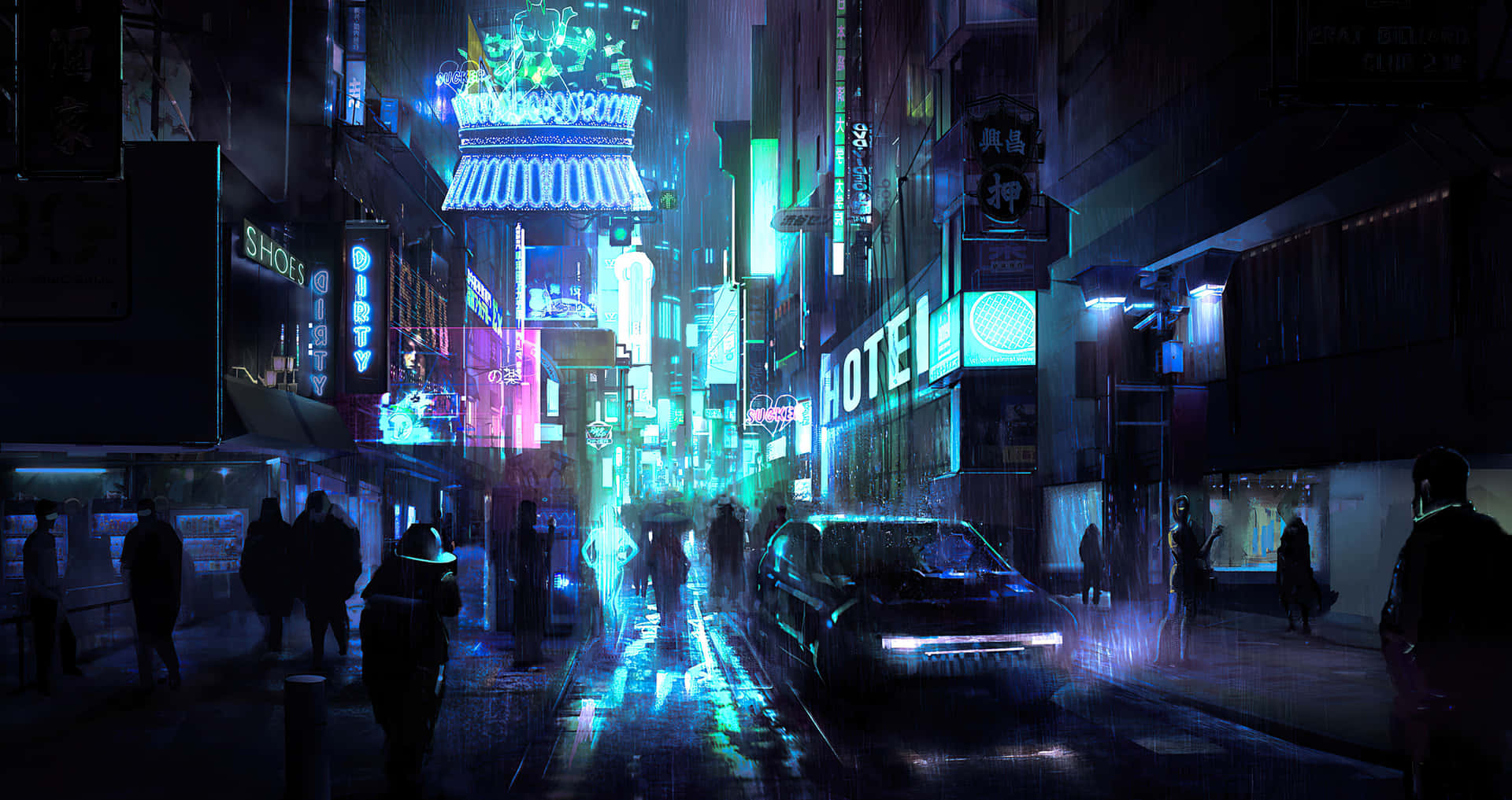 霓虹燈城市街道夜景，帶有雨水反射和發光招牌。