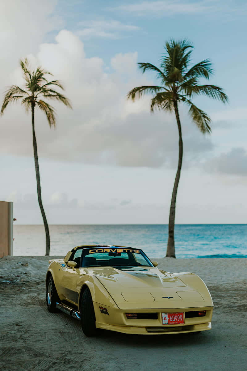黃色Corvette停泊在沙灘上，後面有棕櫚樹和海洋。