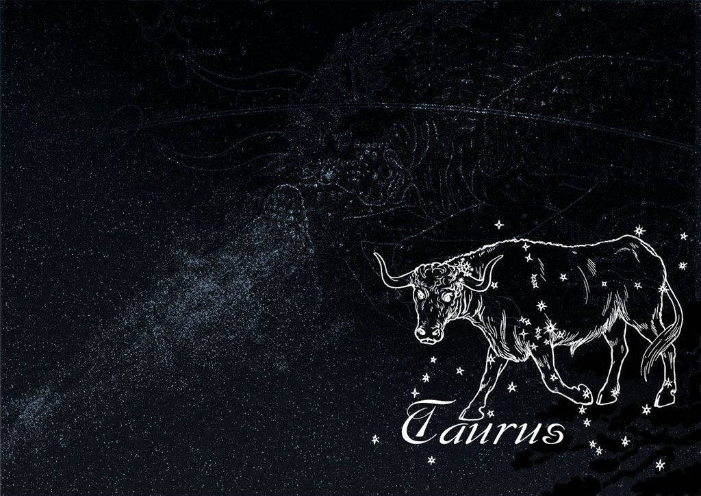 在黑暗的宇宙背景上，用白色星星勾勒出的金牛座星座。